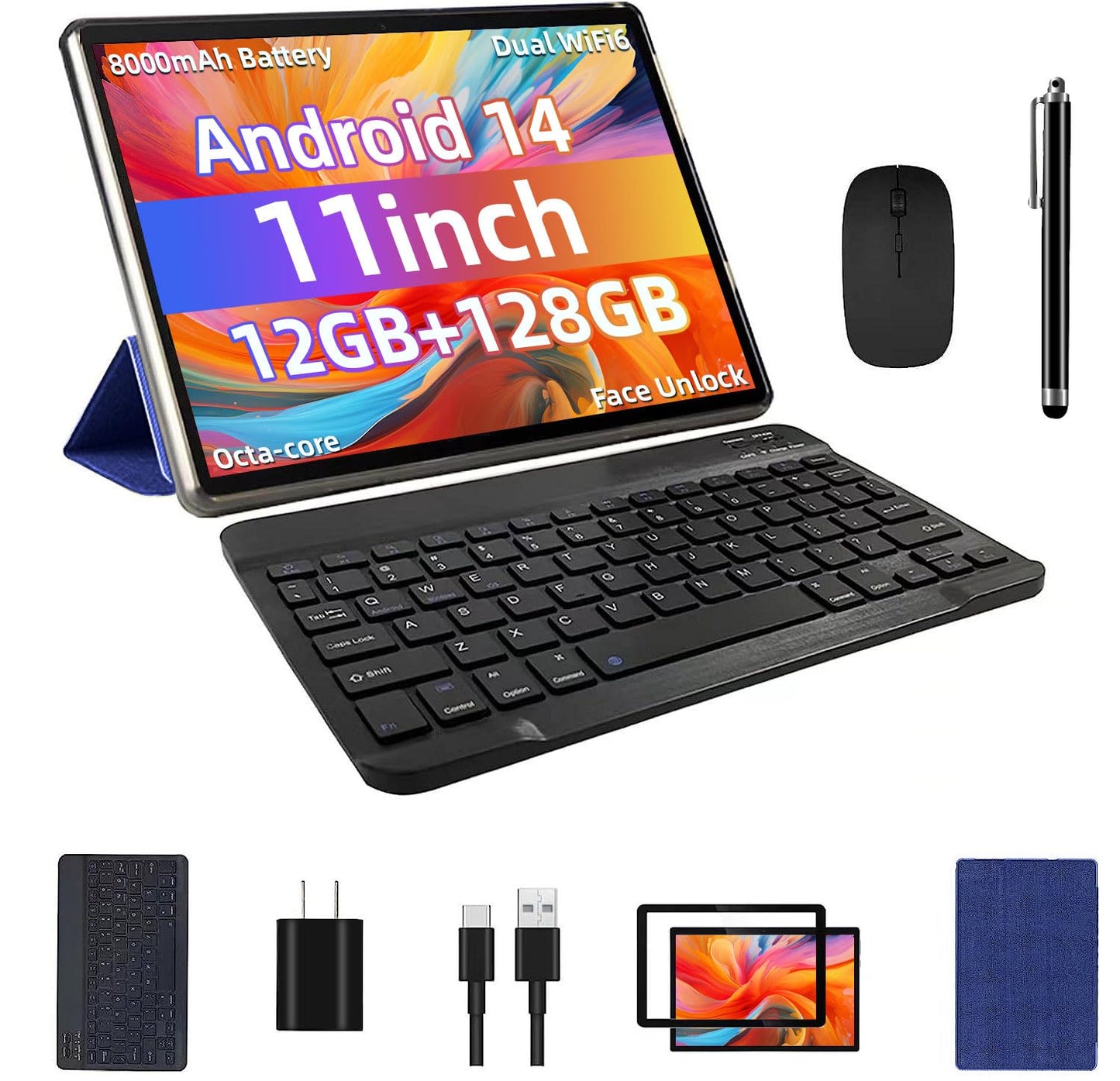 2025 Upgraded Android 14 Tablet, 11inch Tablet PC,Support Face Unlock, Octa-core CPU,12GB+128GB+1TB Expand, 8000mAh Big Battery, 18W Fast Charging, WiFi6, BT5.0,Touchscreen Display Tableta with Case