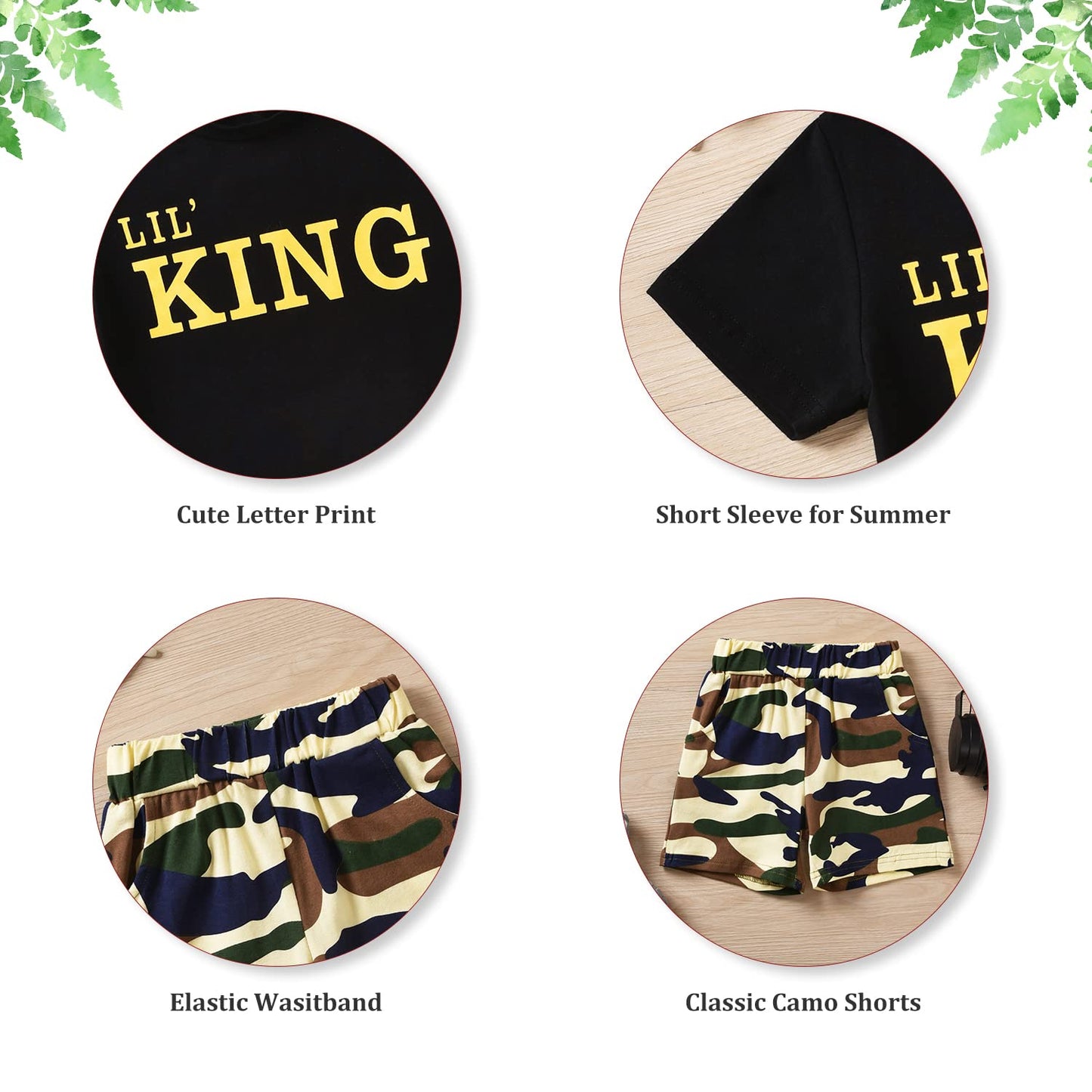 fioukiay 4T Black Toddler Boys Sring Summer Shorts Set Boys Letter Printed Palm Leaf Clothes Outfit