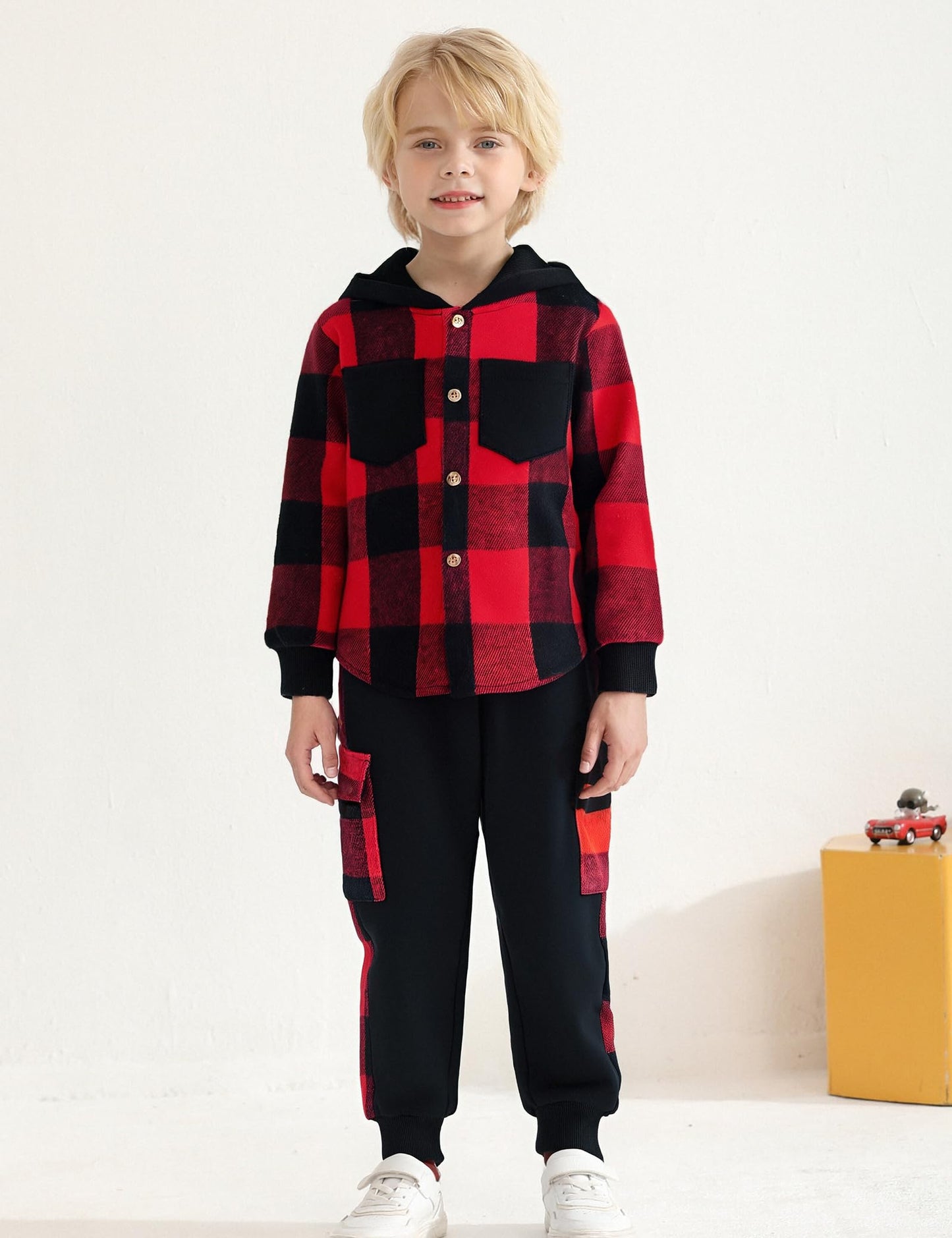 Auiopila Kids Toddler Boy Clothes Plaid Hooded Shirt White T-shirt Top and Solid Color Pants 3Pcs Winter Boys Outfits