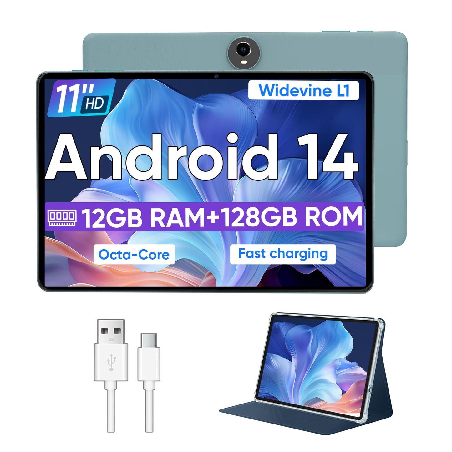Android 14 Tablet,11 Inch Tablets with Octa Core Processor, 12GB RAM + 128GB ROM 1TB Expand, Widevine L1, 8000mAh Battery, 2.4/5Ghz Dual Band WiFi/GPS/FM Radio,5/8MP Cameras, Case Included - Blue