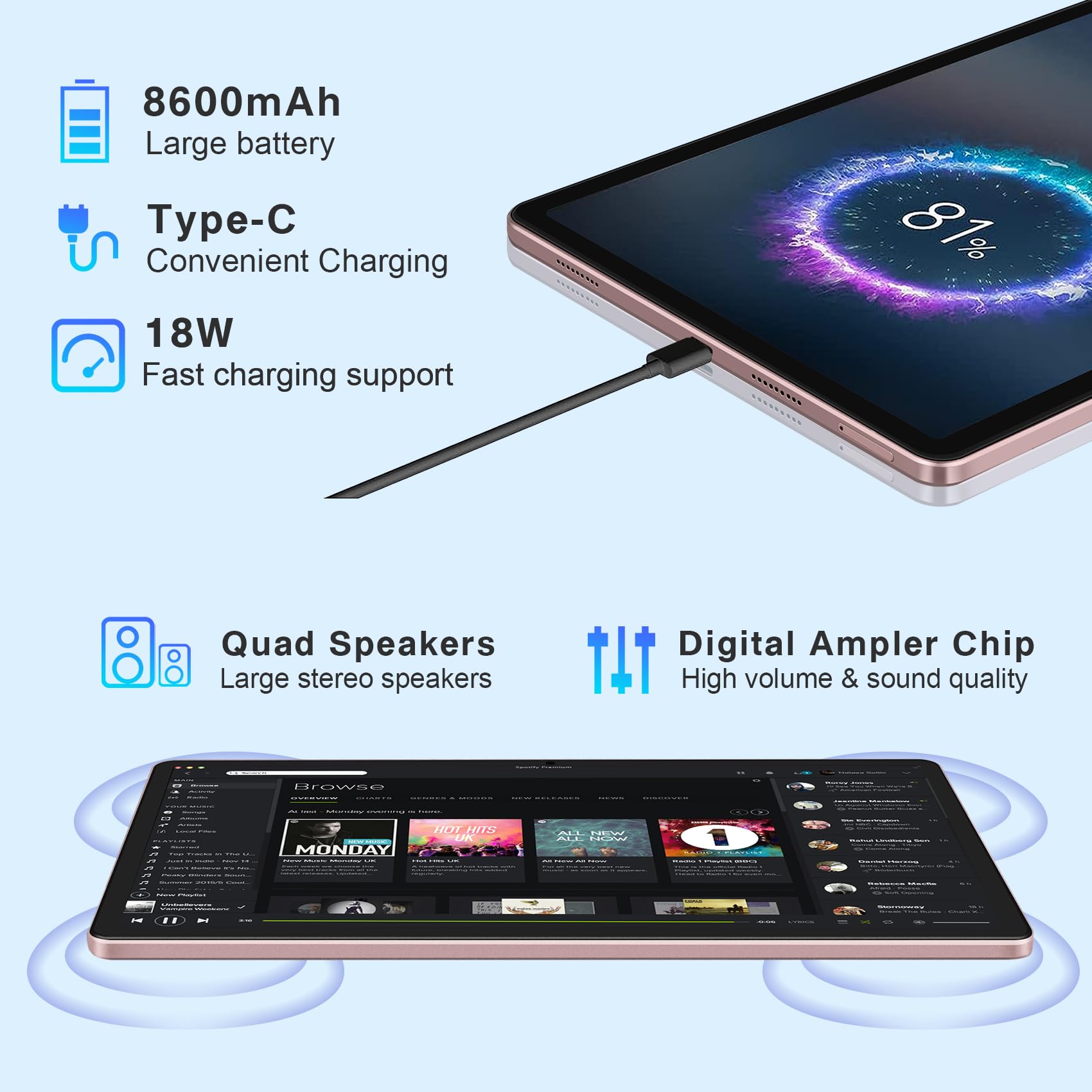 2024 Latest Tablet 11 inch Android 13 Tablets 16GB+256GB+1TB Expand, Octa-Core, 2K 2000 x 1200 Display, 13MP Triple Camera, 8600mAh, Quad Speakers, 5G/2.4G WiFi,GPS,Bluetooth 5.0, with Case -Grey