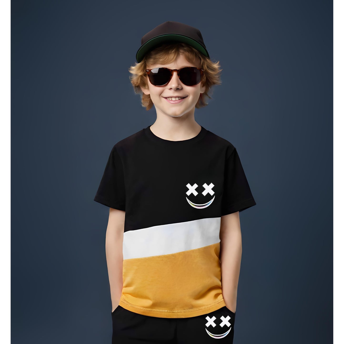 Child wearing a black and yellow t-shirt with a smiley face design on a dark blue background