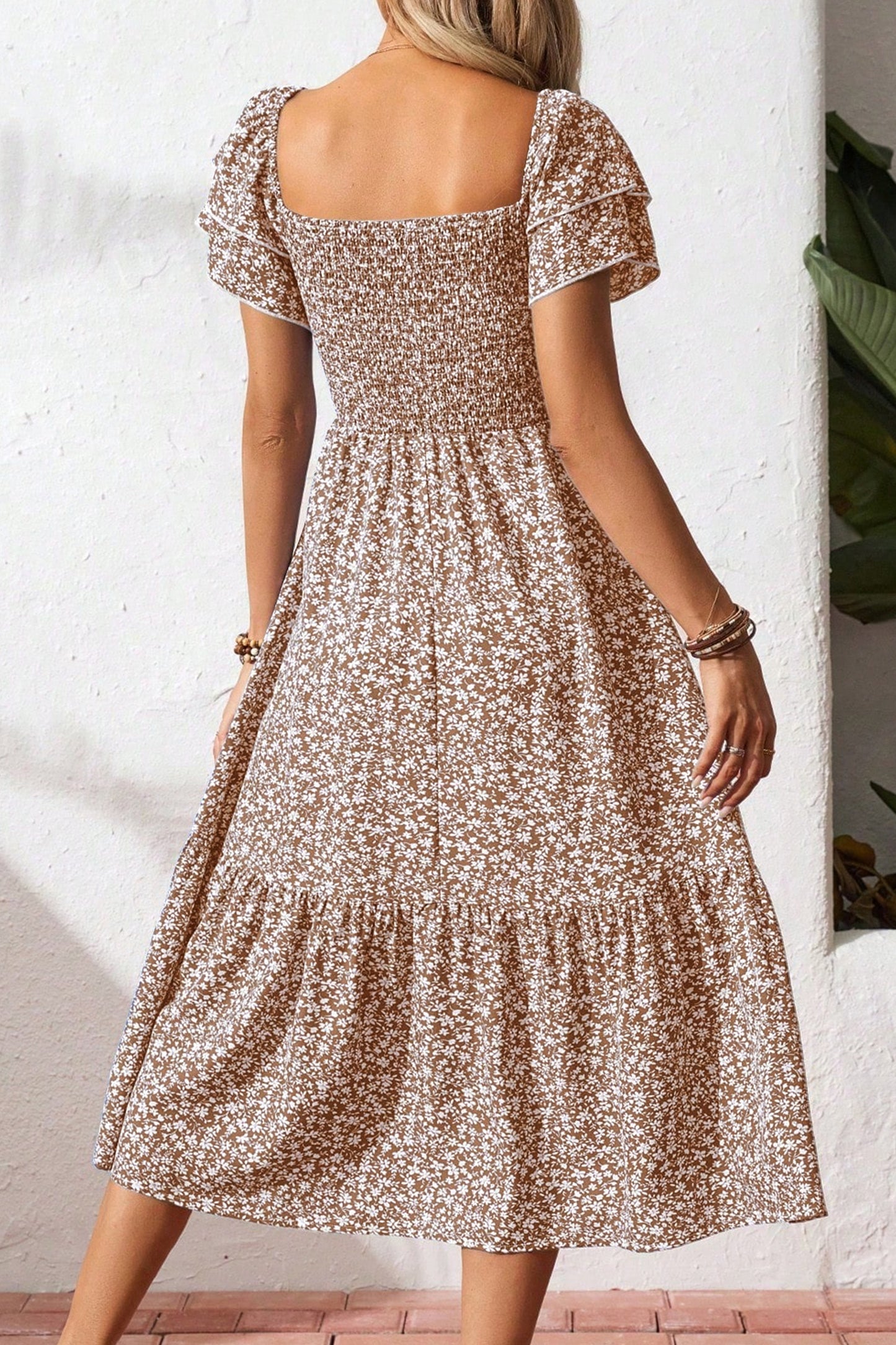 Beige Ditsy Floral Print Smocked Square Neck Ruffle Short Sleeve Dress