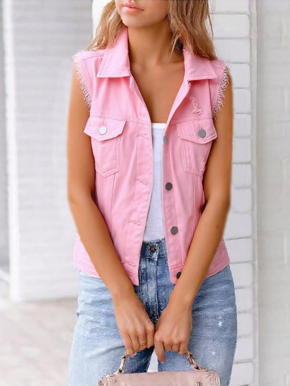 Side Button Slit Denim Jacket with Pockets