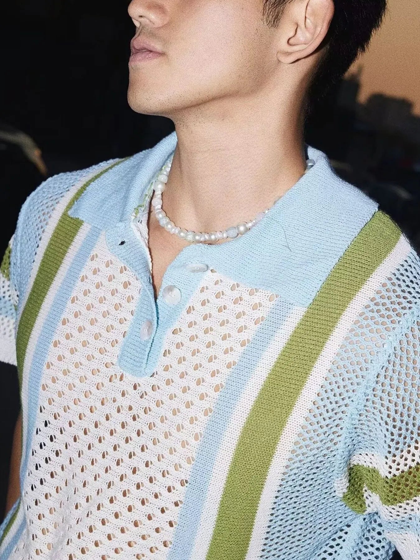 Men's Full Size Hollow Out Short Sleeve Contrast Knit Polo Plus Size