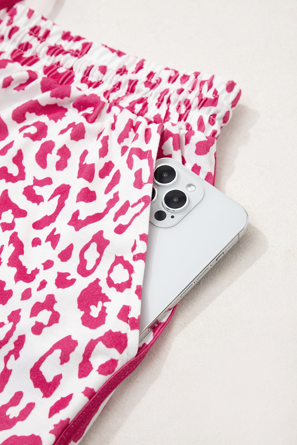 White Leopard Elastic Waist Lace up Contrast Trim Casual Shorts