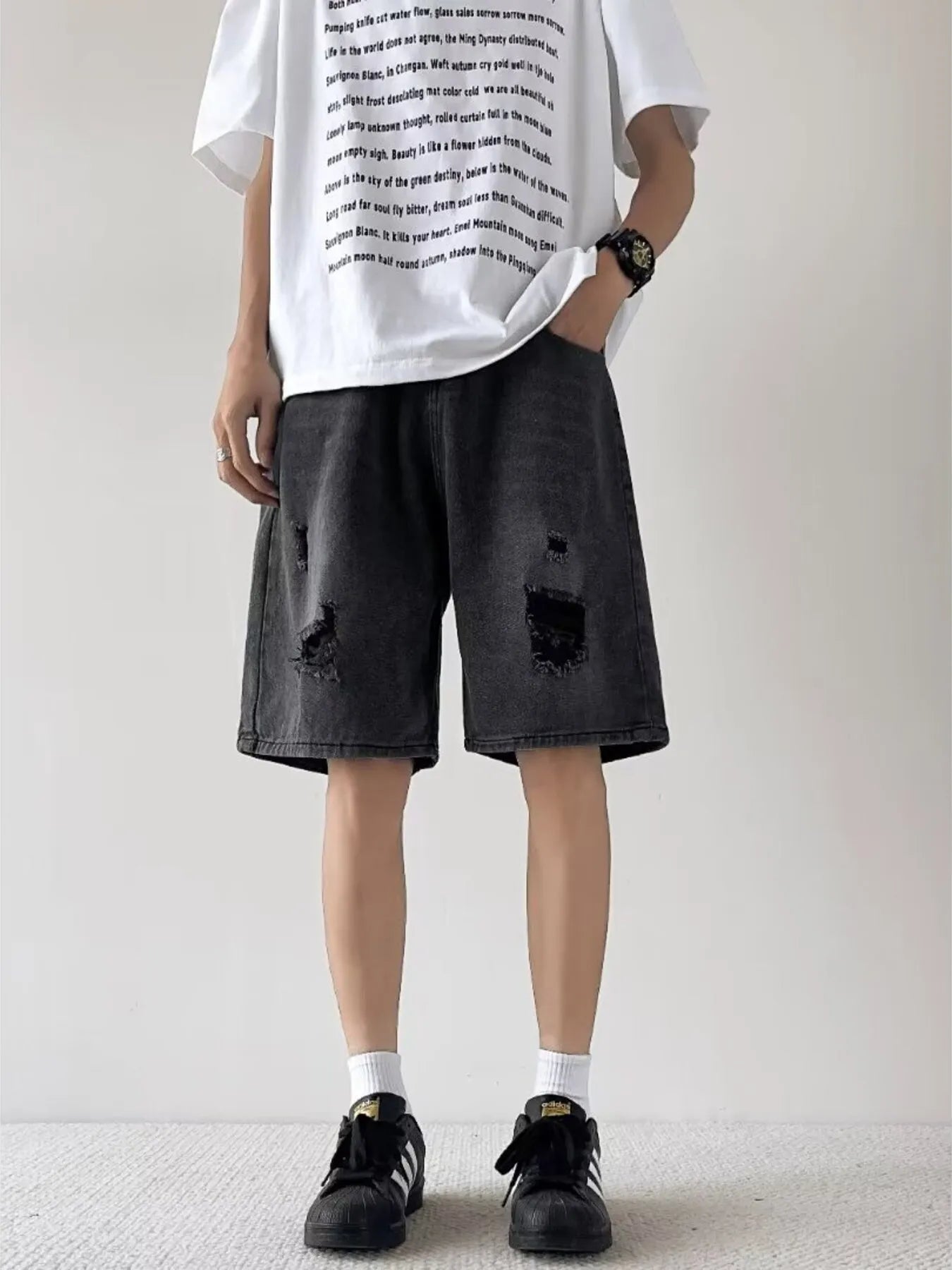 Men's Full Size Casual Loose Fit Ripped Denim Shorts Plus Size