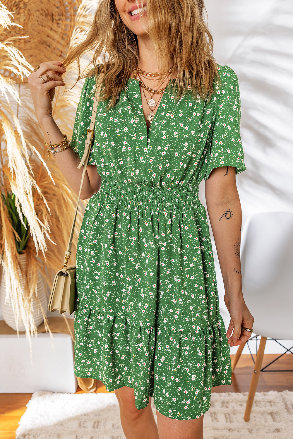 Red Floral Print Wrap V Neck Short Sleeve High Waistband Mini Dress
