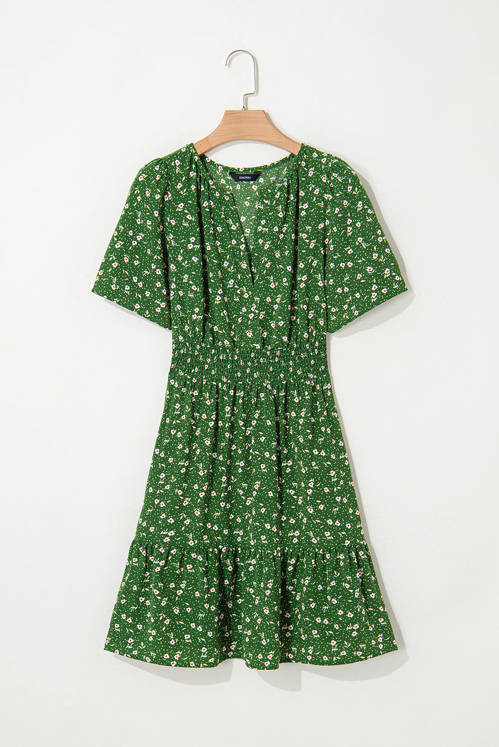 Red Floral Print Wrap V Neck Short Sleeve High Waistband Mini Dress
