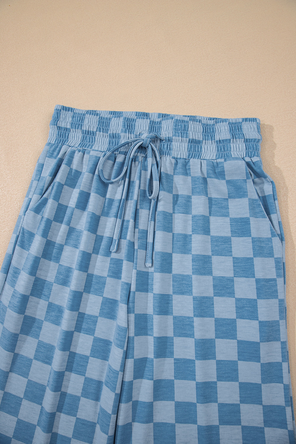 Sky Blue Tie Elastic Waist Checkered Loose Pants