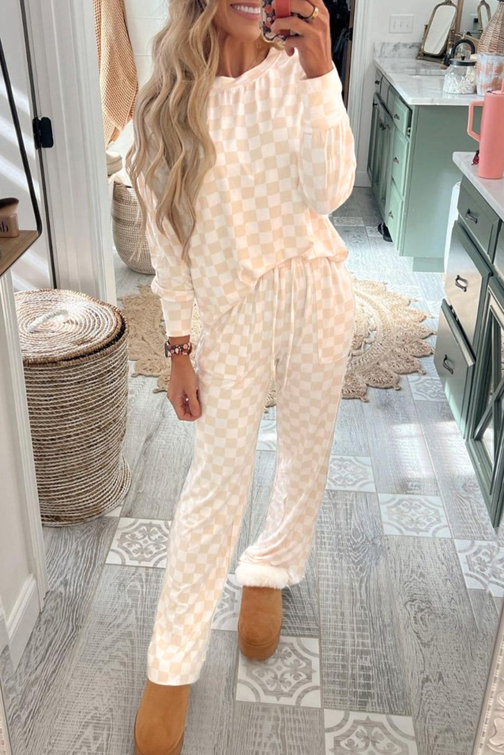 Beige Checkered Print Long Sleeve Loose Fit Pajama Set 