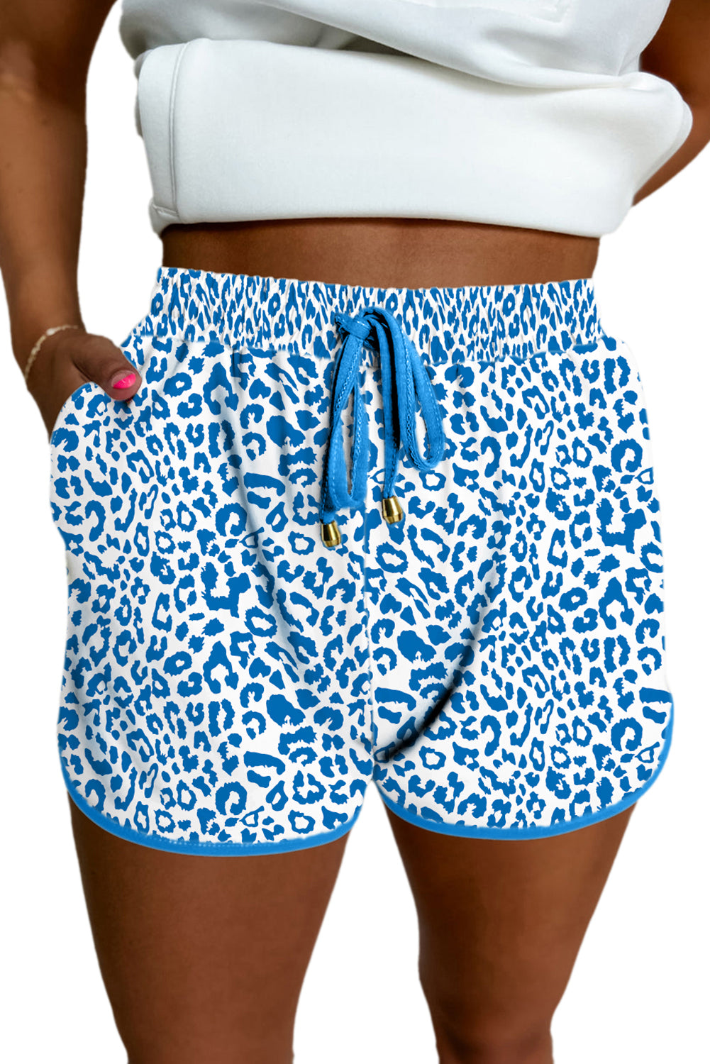 White Leopard Elastic Waist Lace up Contrast Trim Casual Shorts