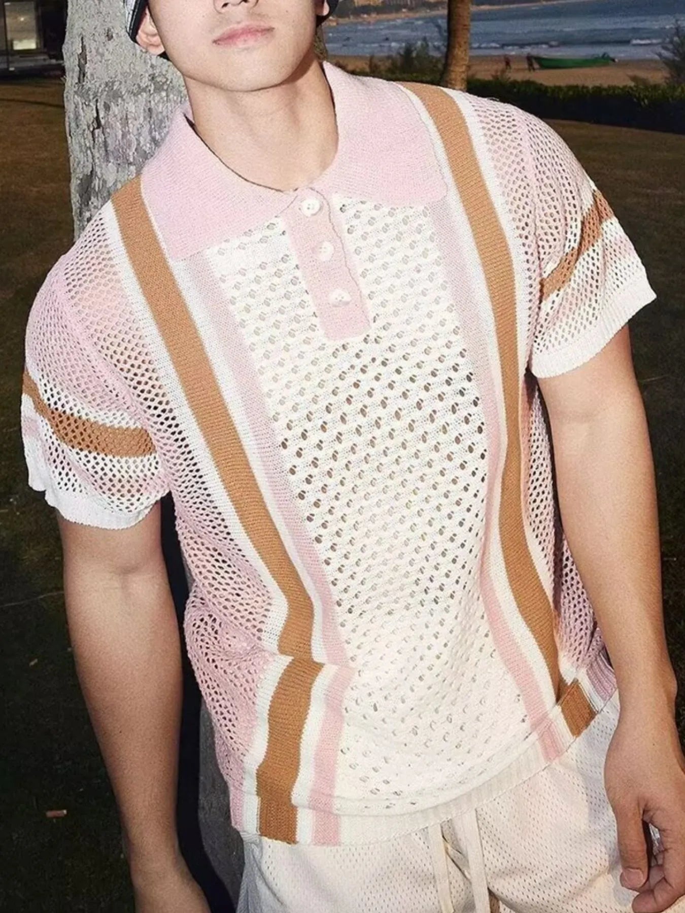 Men's Full Size Hollow Out Short Sleeve Contrast Knit Polo Plus Size