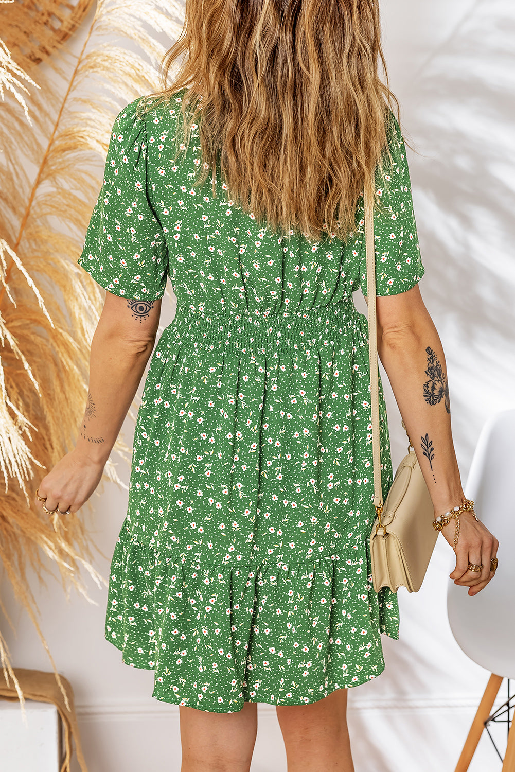 Red Floral Print Wrap V Neck Short Sleeve High Waistband Mini Dress