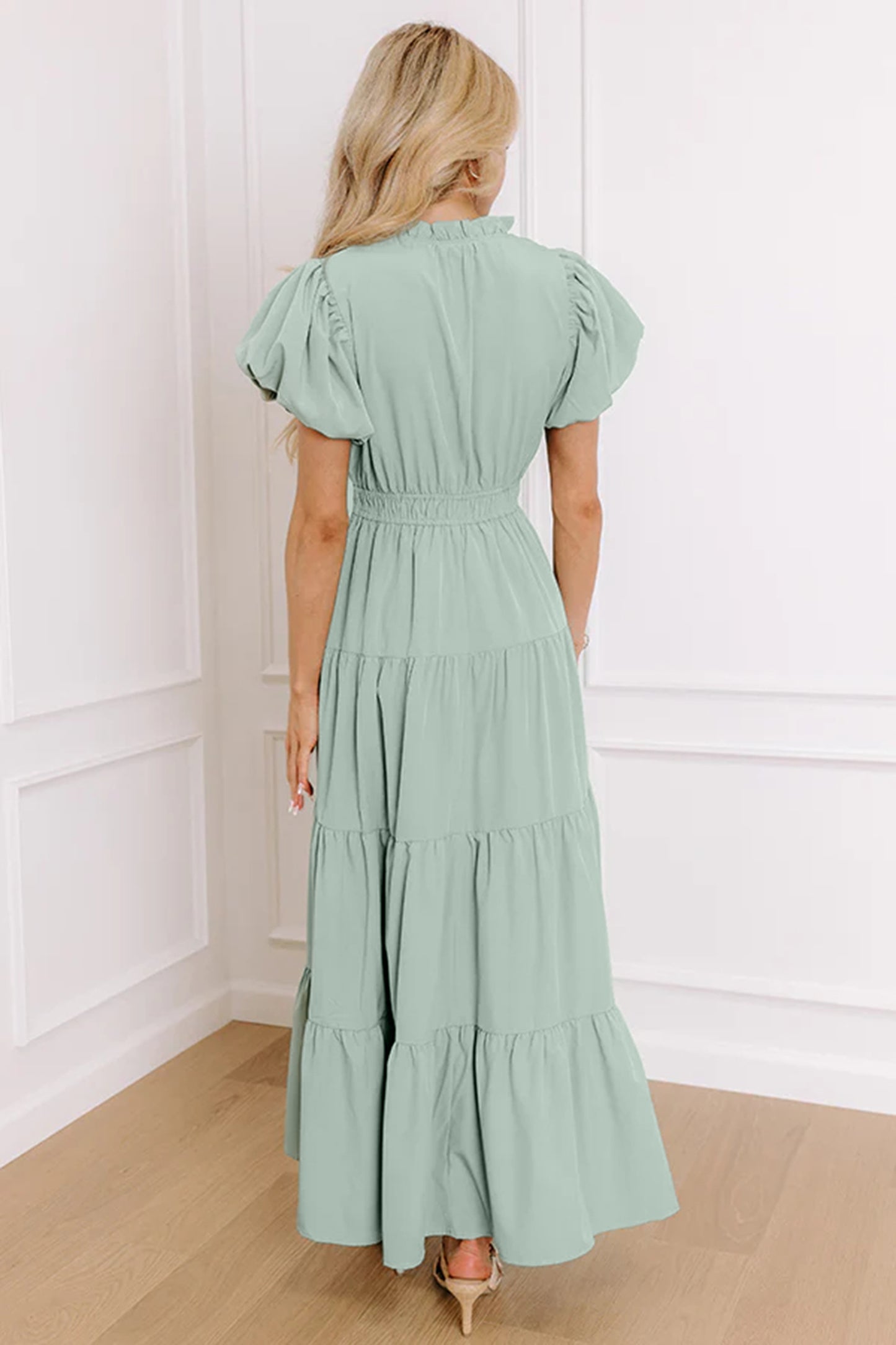 Lavendula Solid Color V Neck Short Puff Sleeve High Waist Tiered Maxi Dress
