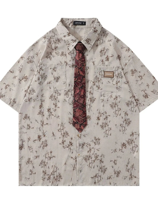 Men's Printed Short Sleeve Shirt with Paisley Tie