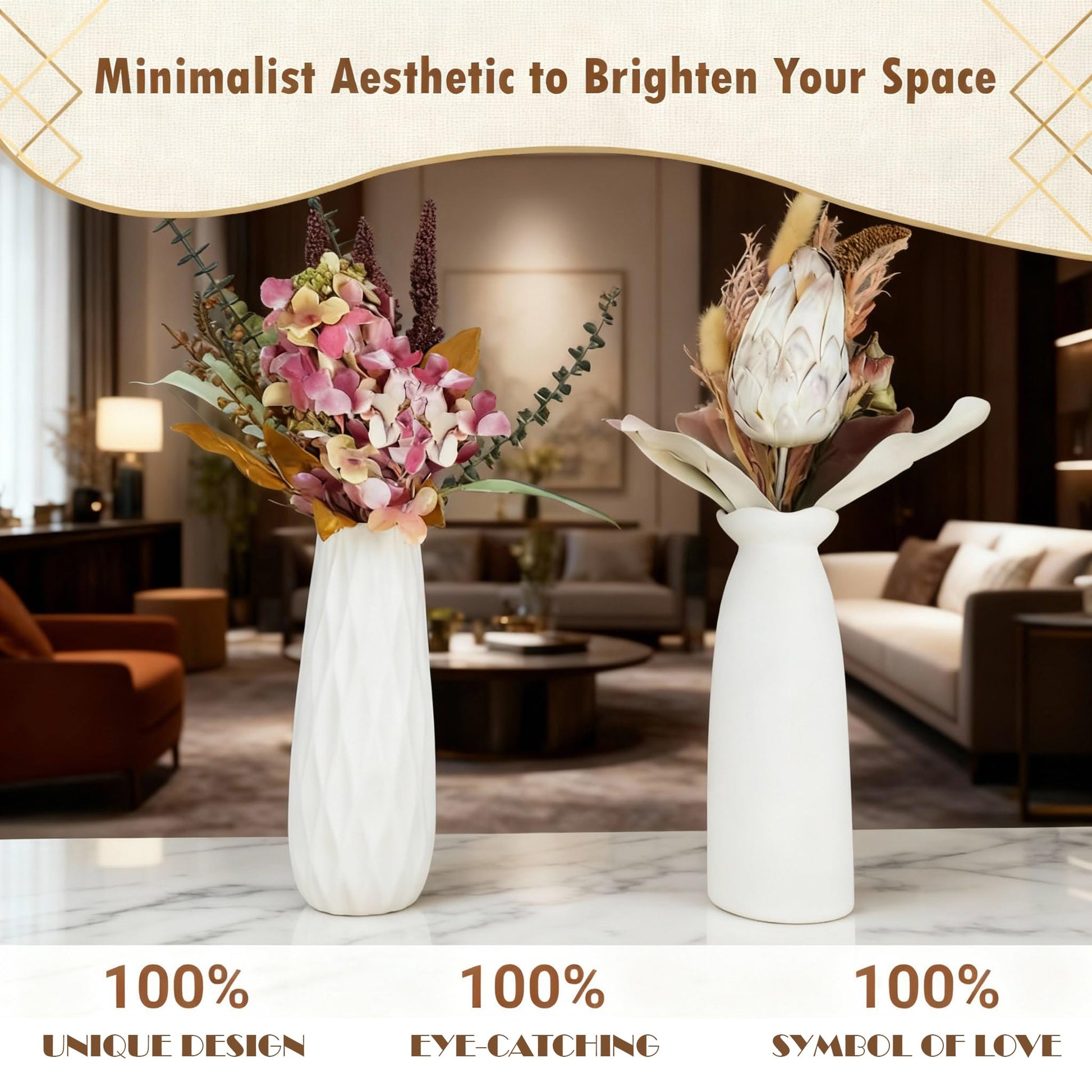 Two white vases with floral arrangements in a modern living room setting.