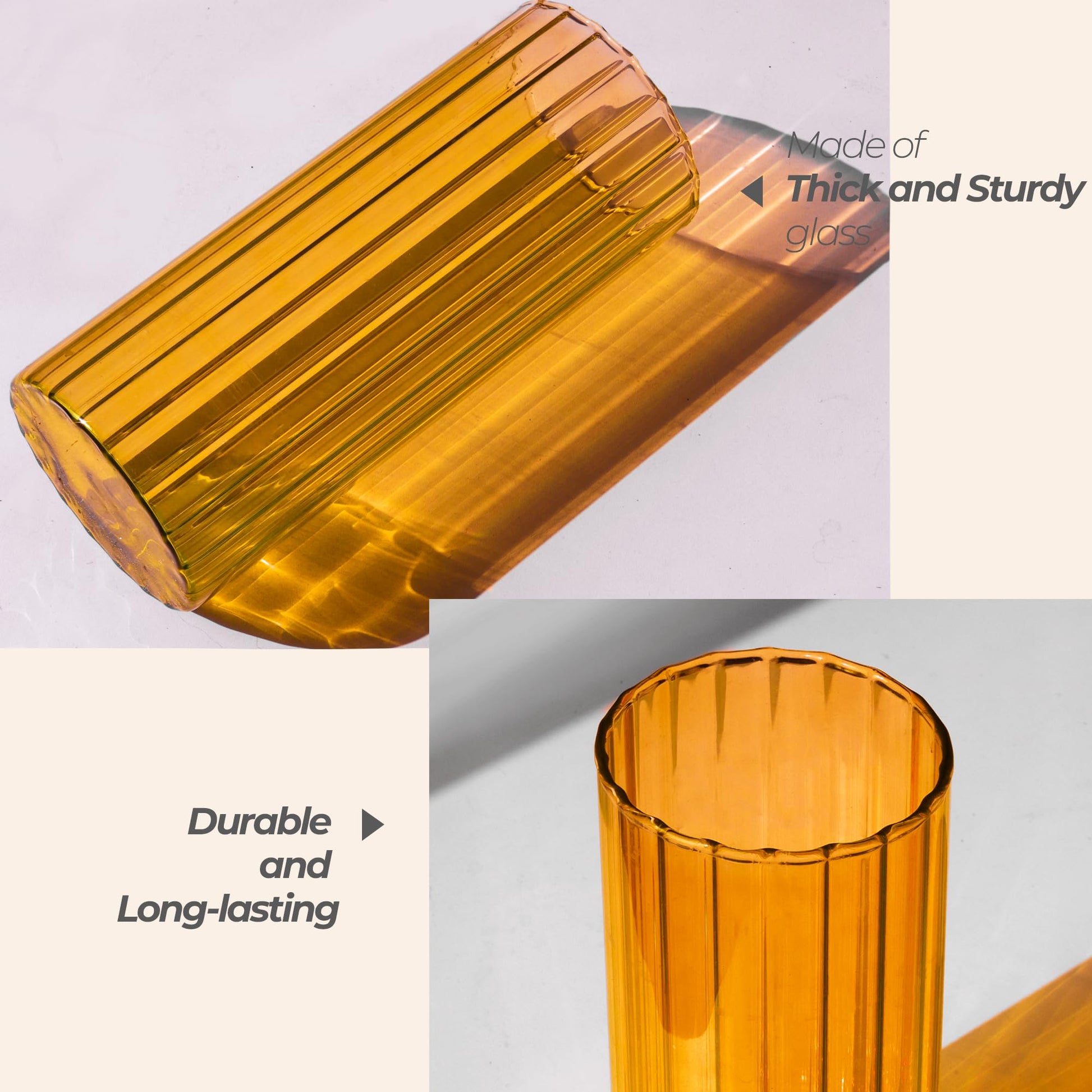 Amber glass tumbler with text highlighting its thickness, durability, and long-lasting nature.