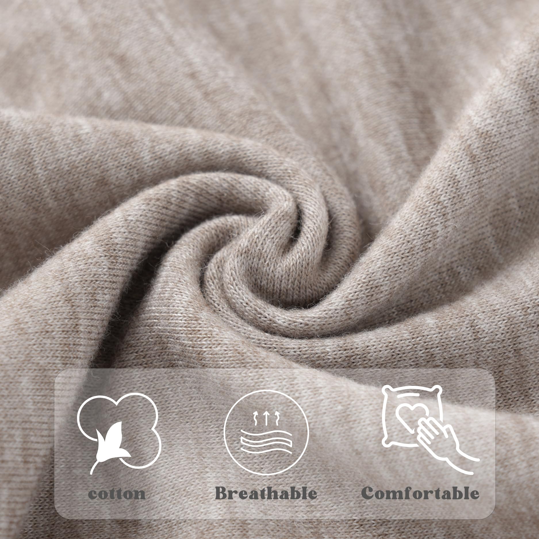 Close-up of beige fabric with icons indicating cotton, breathability, and comfort.