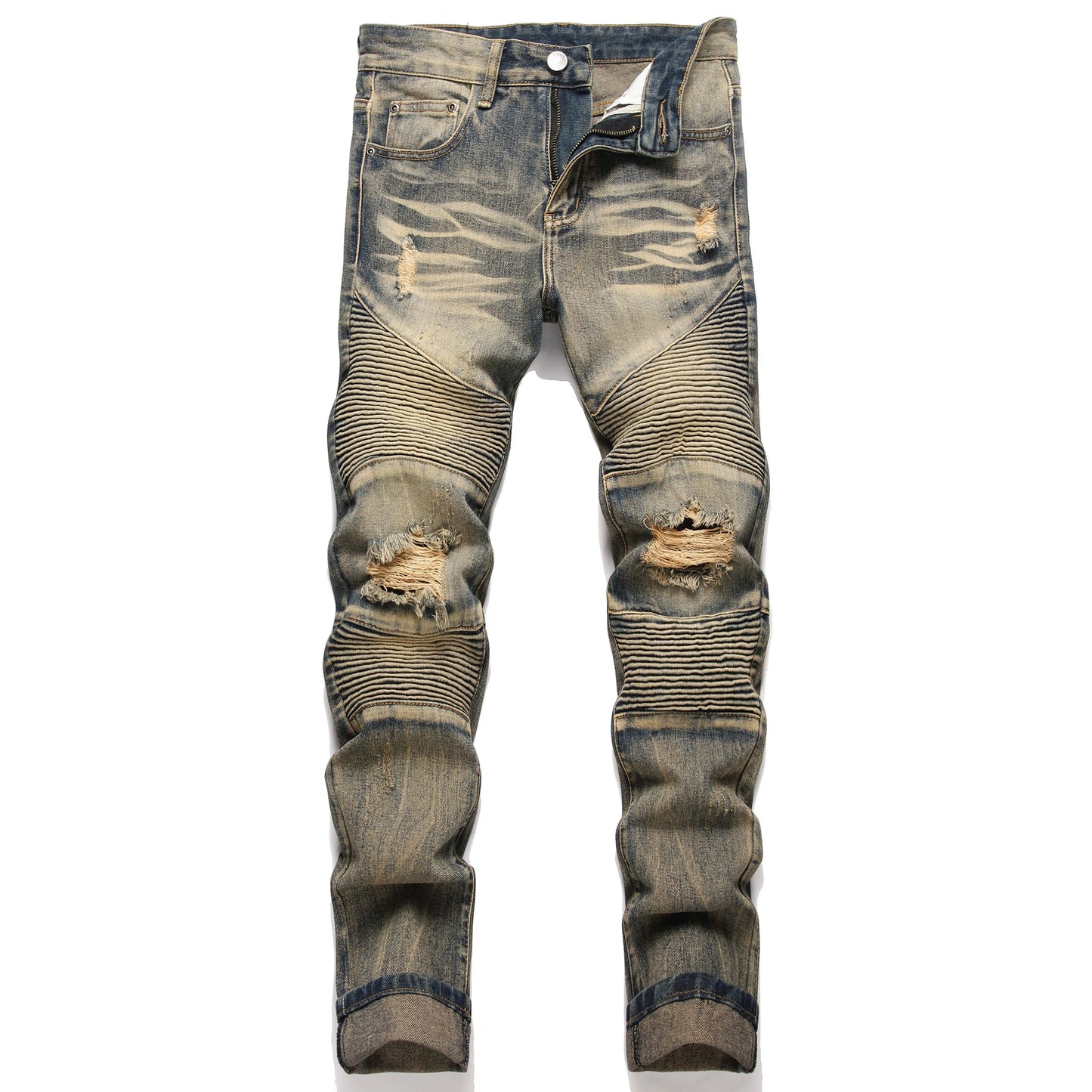 AITITIA Men's Biker Zipper Deco Washed Straight Fit Jeans (40, 002 Light Blue)