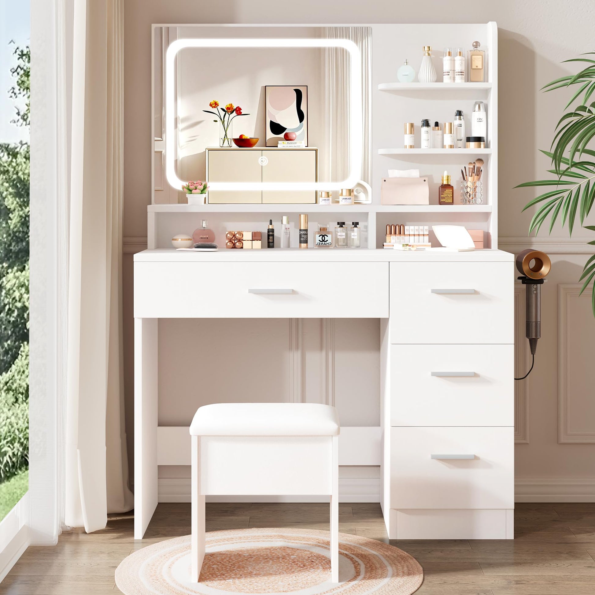 White vanity desk with mirror, stool, and various items in a room with curtains and plants.