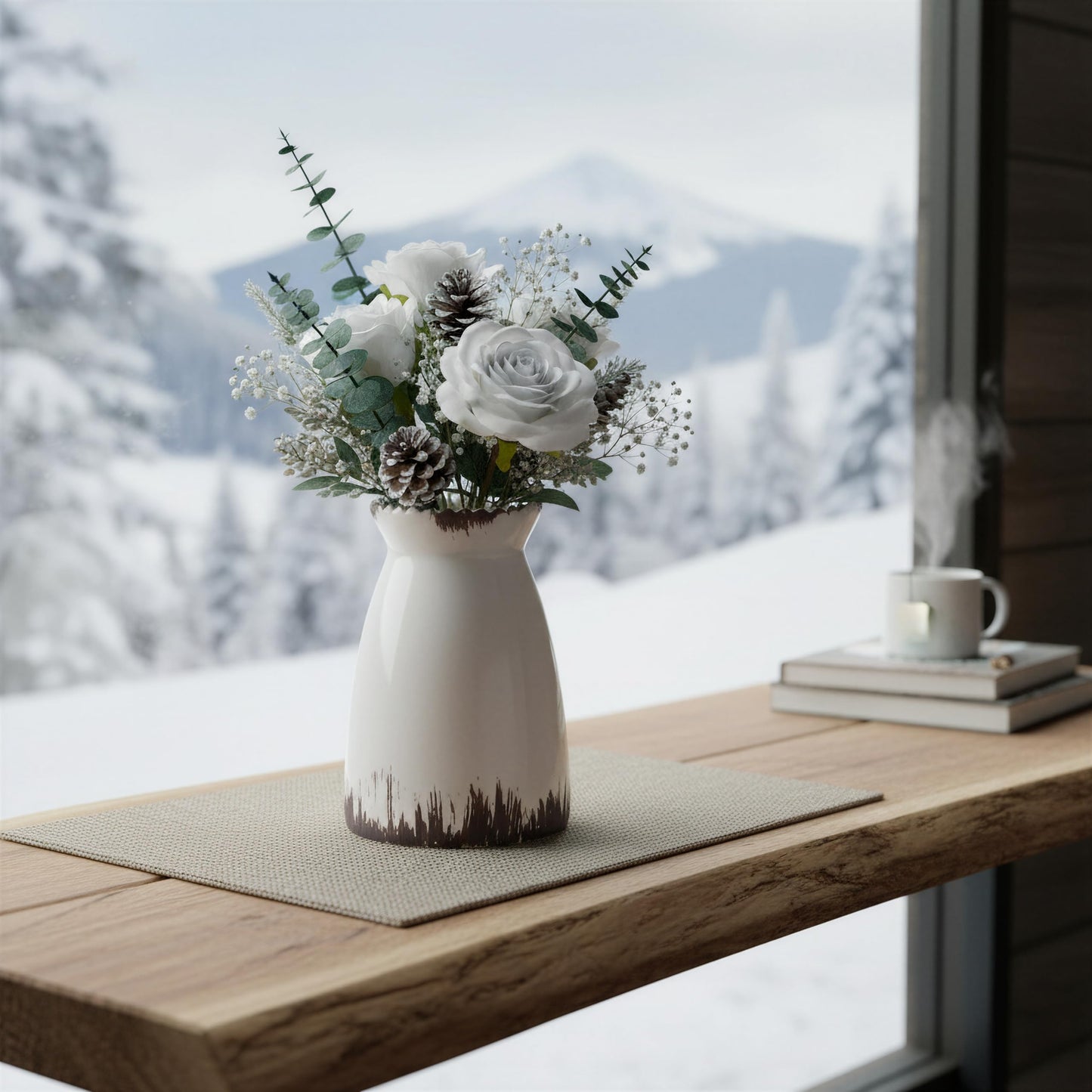 White vase with flowers on a wooden table in front of a snowy landscape