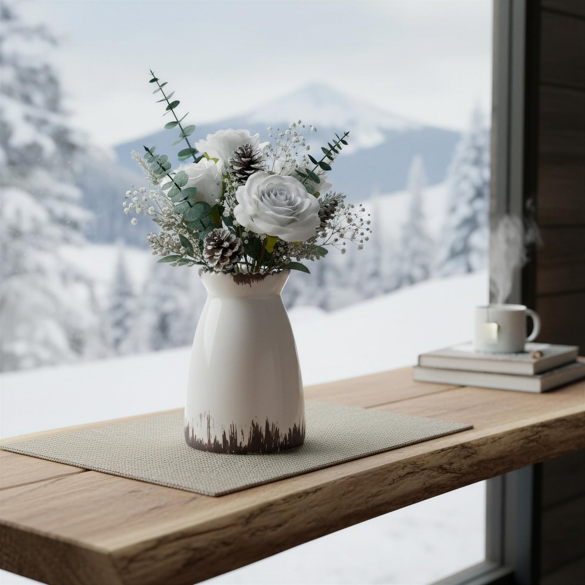 White vase with flowers on a wooden table in front of a snowy landscape