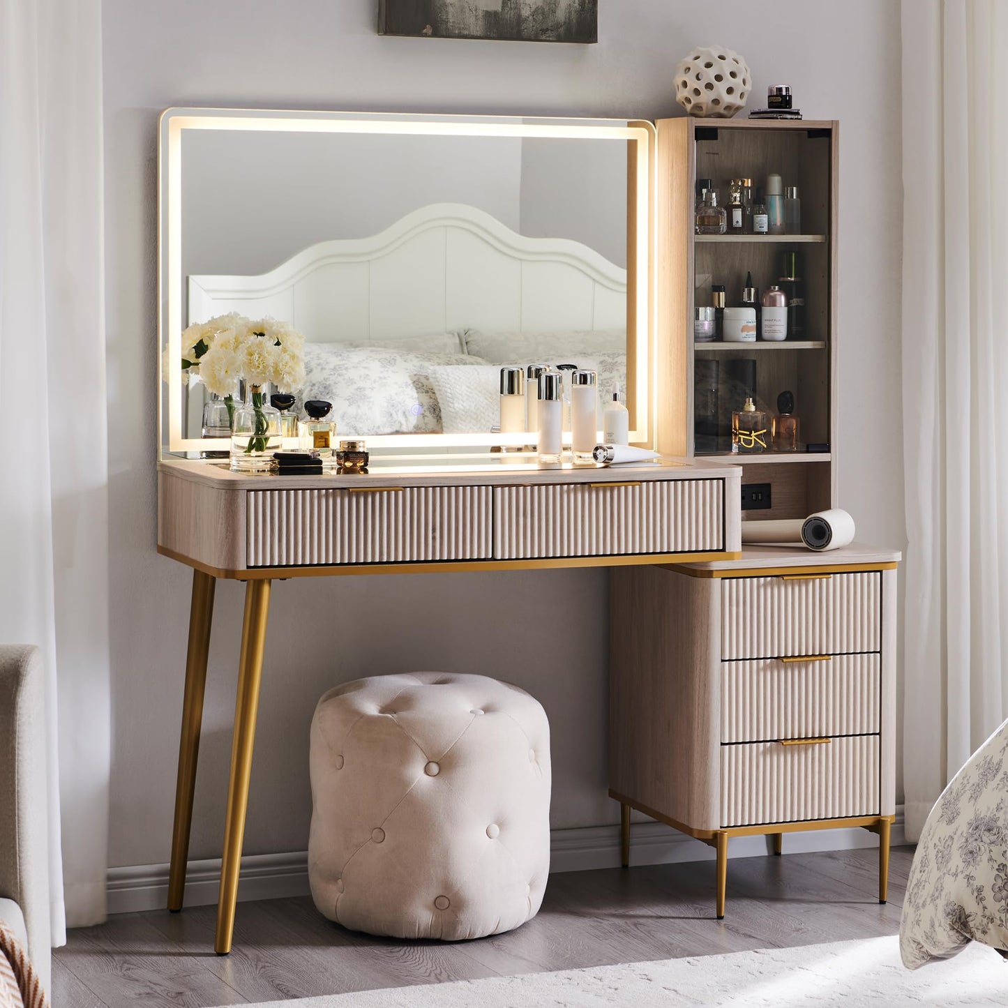 Cosmetic organizer with embedded tempered glass tabletop displaying various items.