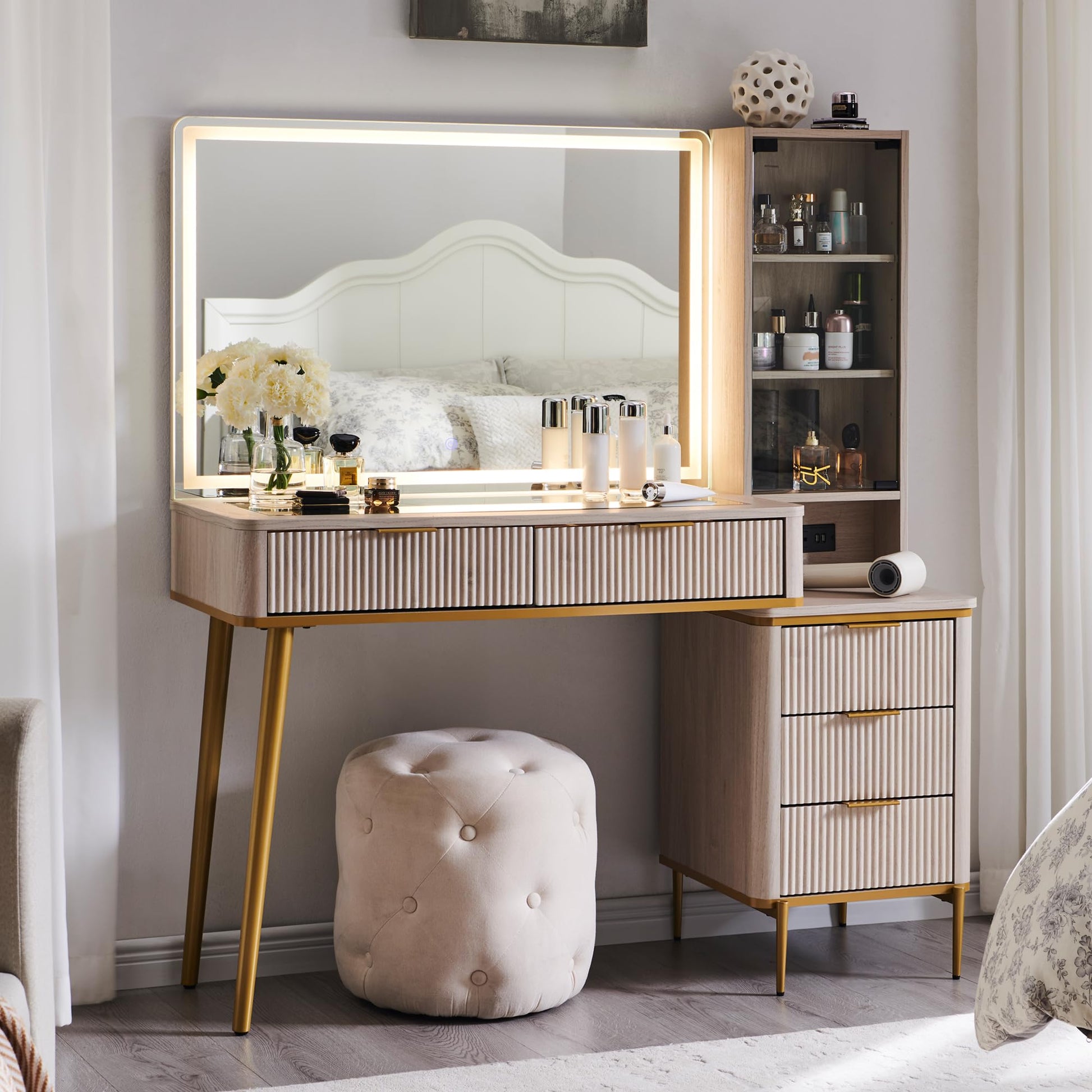 Cosmetic organizer with embedded tempered glass tabletop displaying various items.