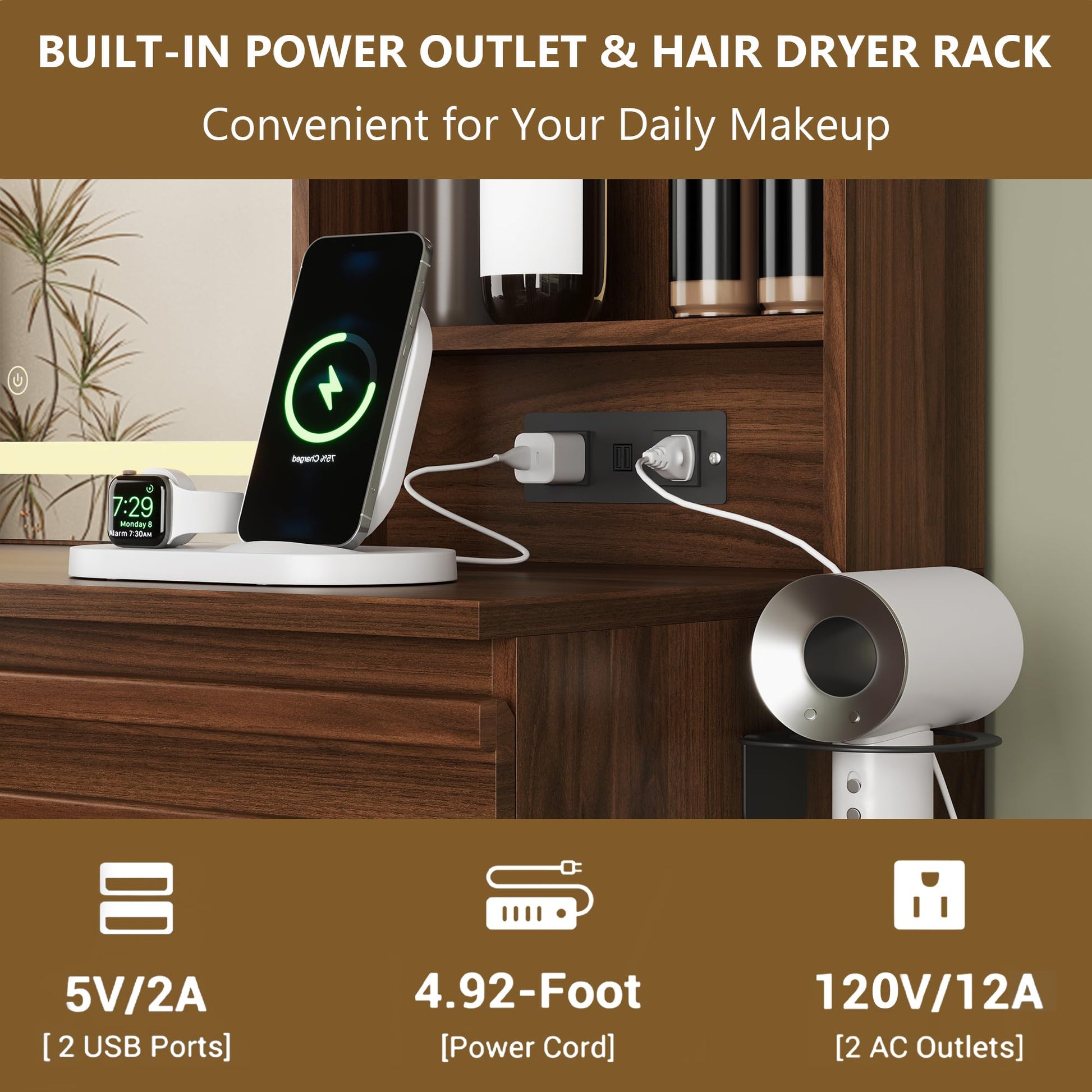 Makeup station with power outlet, hair dryer rack, and electronic devices on a wooden surface.