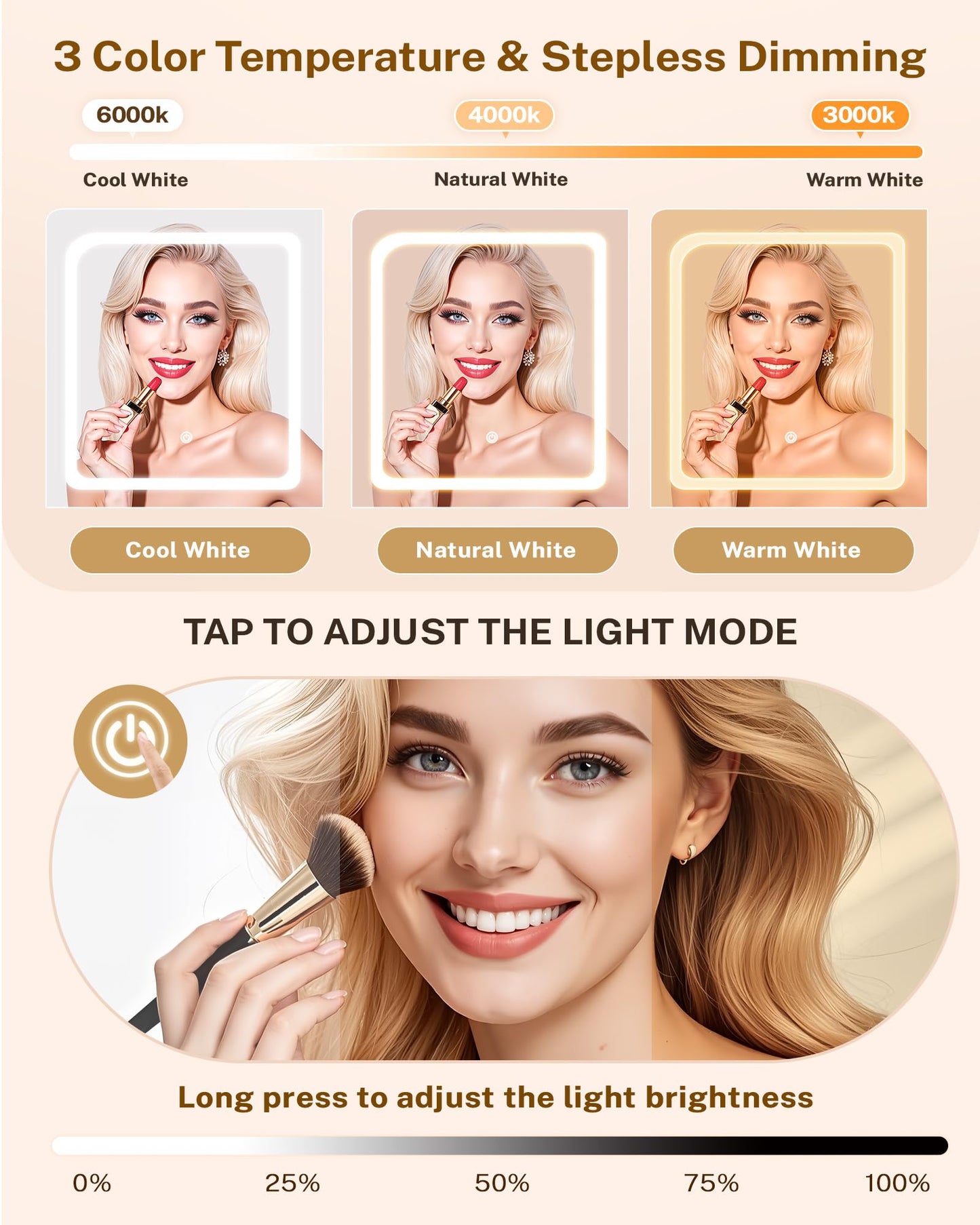 Light mode adjustment interface with three color temperature options and a woman using makeup.