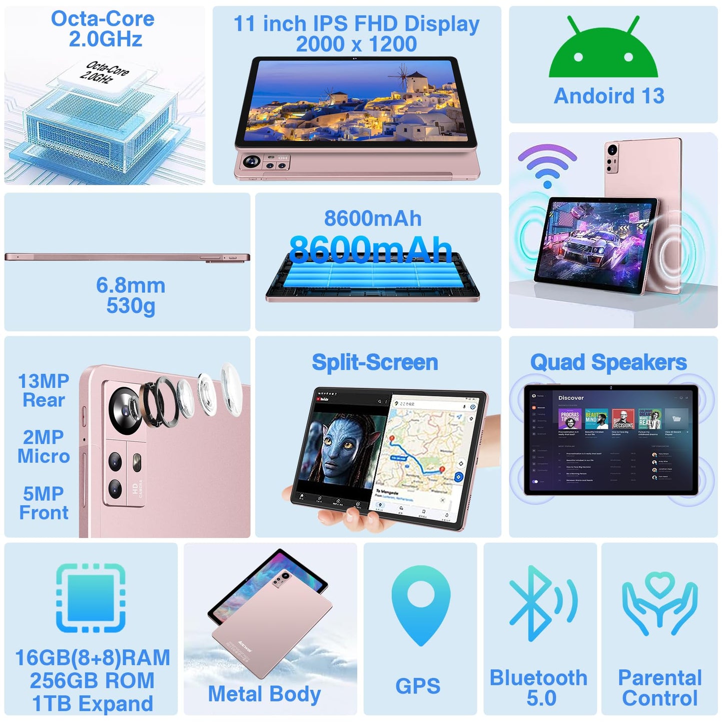 2024 Latest Tablet 11 inch Android 13 Tablets 16GB+256GB+1TB Expand, Octa-Core, 2K 2000 x 1200 Display, 13MP Triple Camera, 8600mAh, Quad Speakers, 5G/2.4G WiFi,GPS,Bluetooth 5.0, with Case -Grey