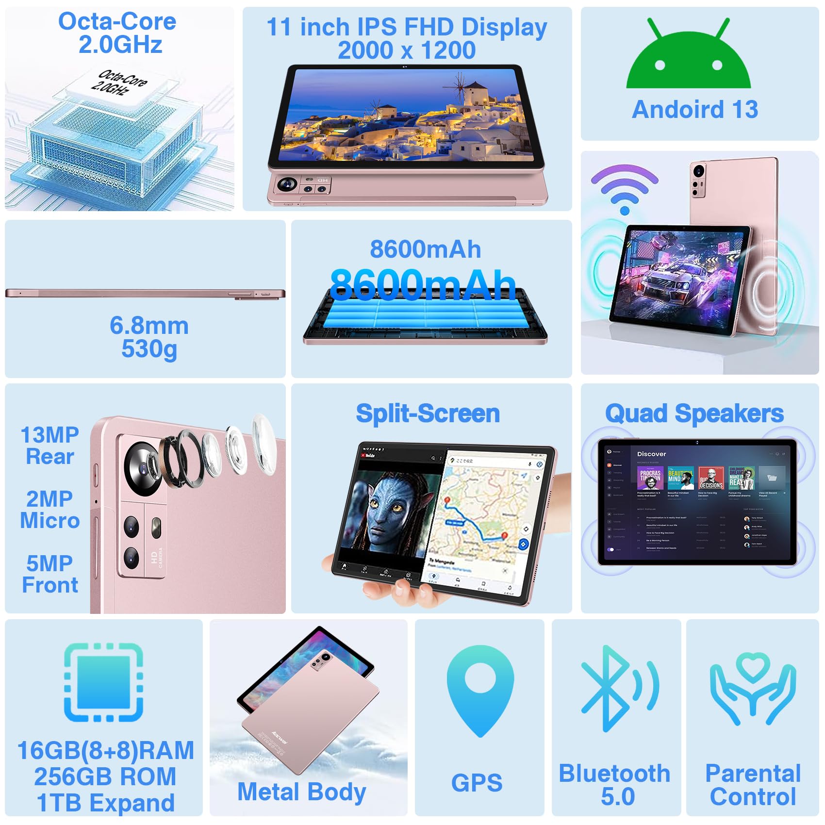 2024 Latest Tablet 11 inch Android 13 Tablets 16GB+256GB+1TB Expand, Octa-Core, 2K 2000 x 1200 Display, 13MP Triple Camera, 8600mAh, Quad Speakers, 5G/2.4G WiFi,GPS,Bluetooth 5.0, with Case -Grey