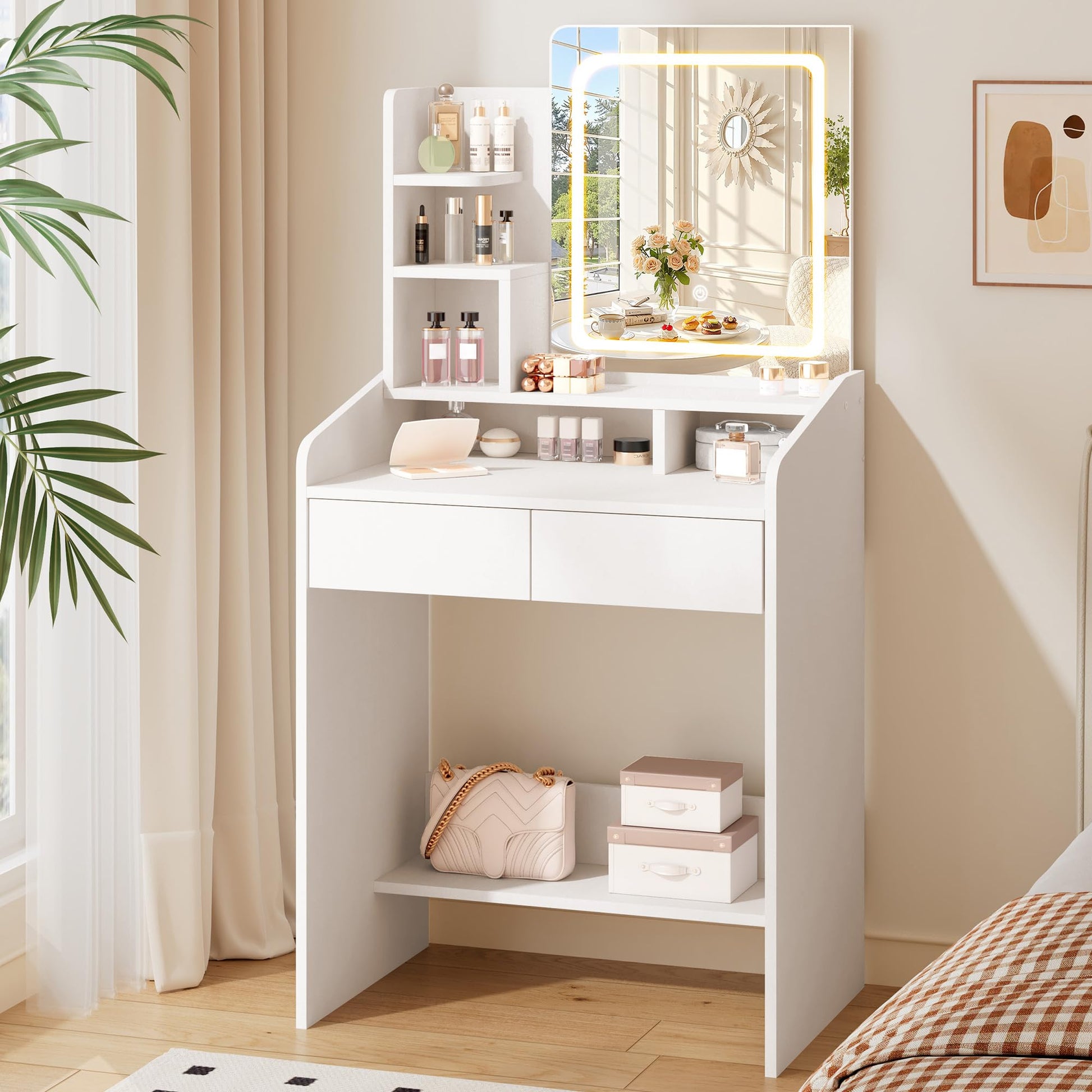 White vanity table with mirror and cosmetic items in a room with curtains and a plant.