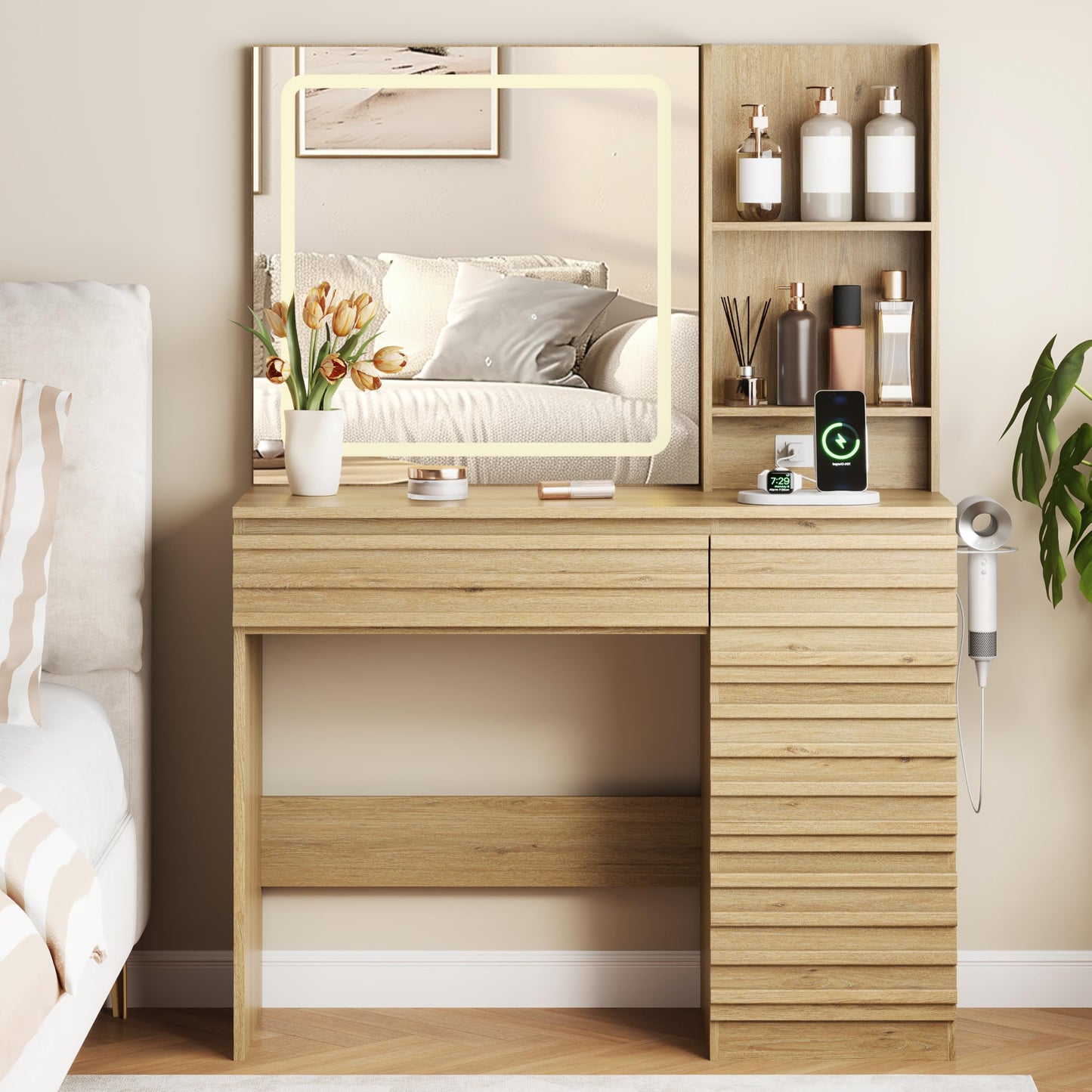 Wooden vanity table with mirror and various items in a bedroom setting