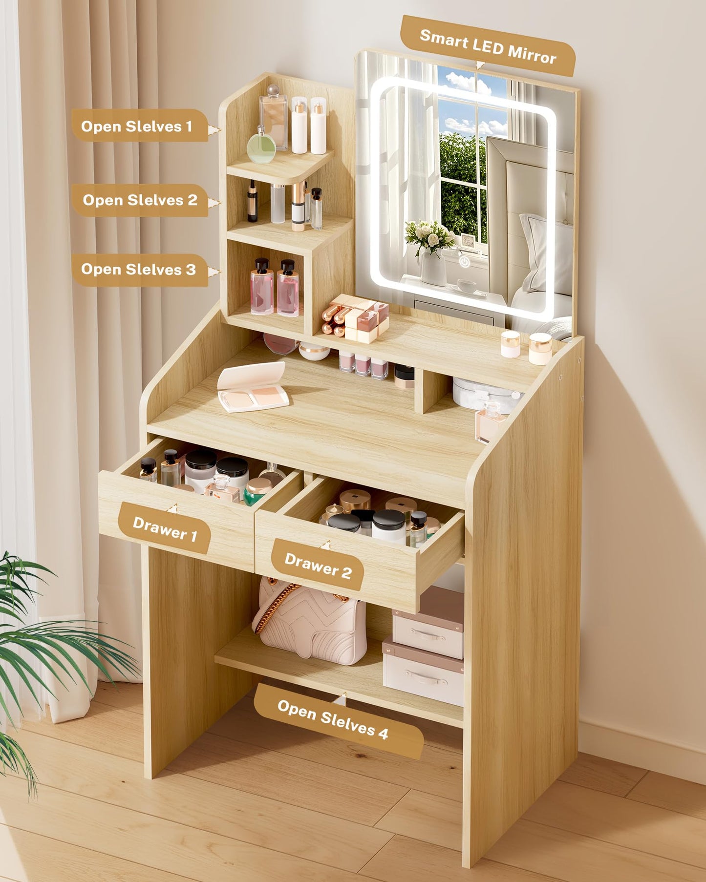 Wooden vanity with smart LED mirror, shelves, and drawers in a room setting.