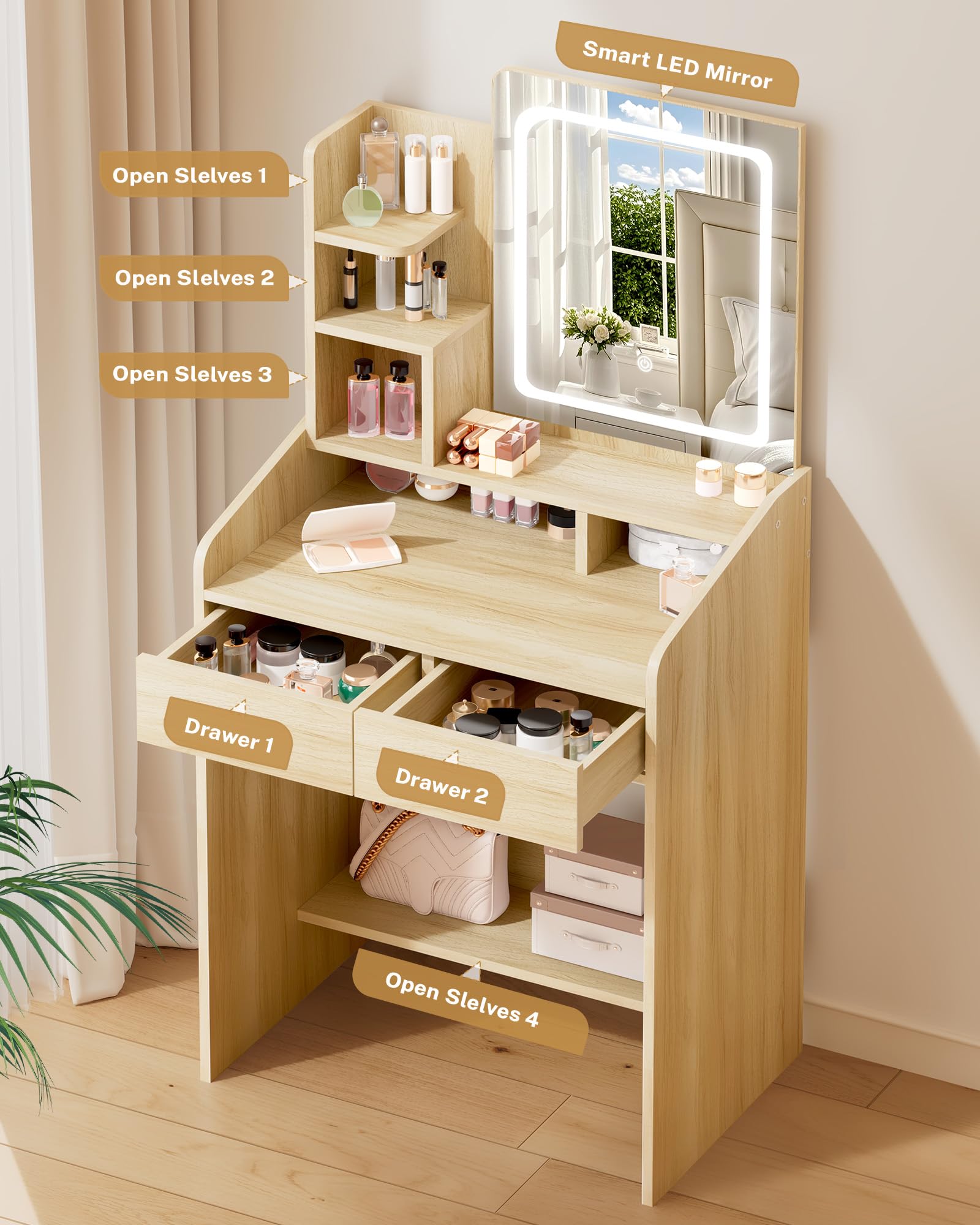Wooden vanity with smart LED mirror, shelves, and drawers in a room setting.