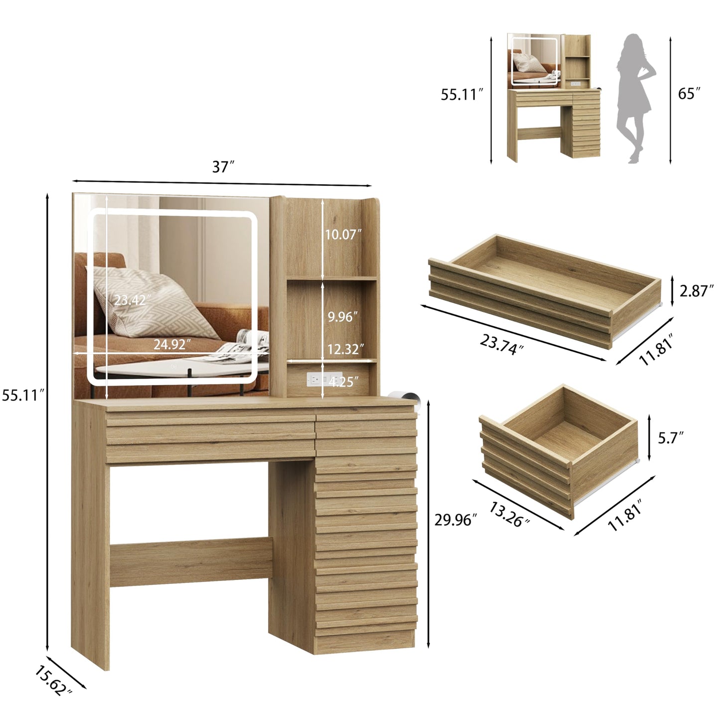 Wooden vanity table with mirror and dimensions on a white background