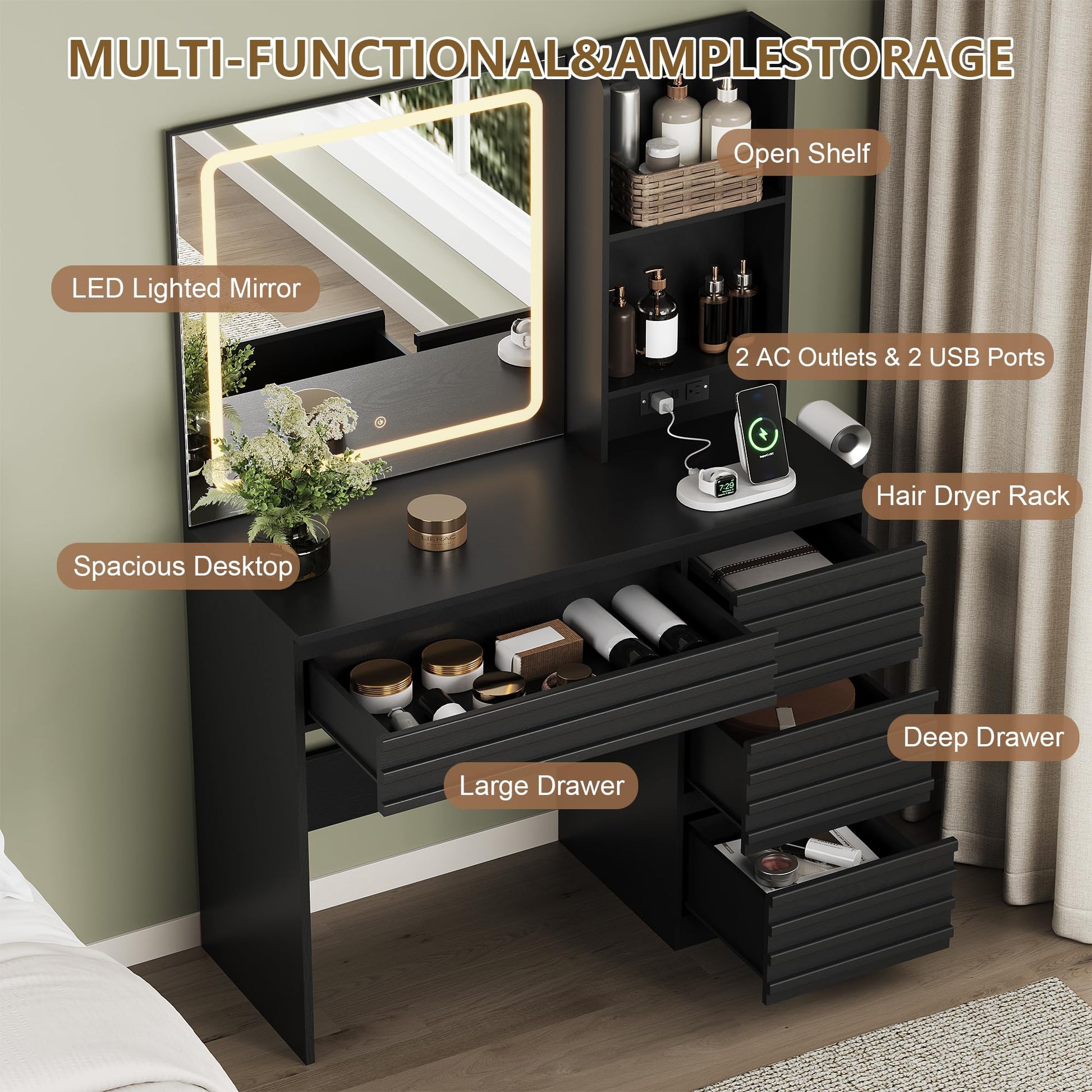 Black multi-functional vanity with LED lighted mirror, open shelves, and various compartments.