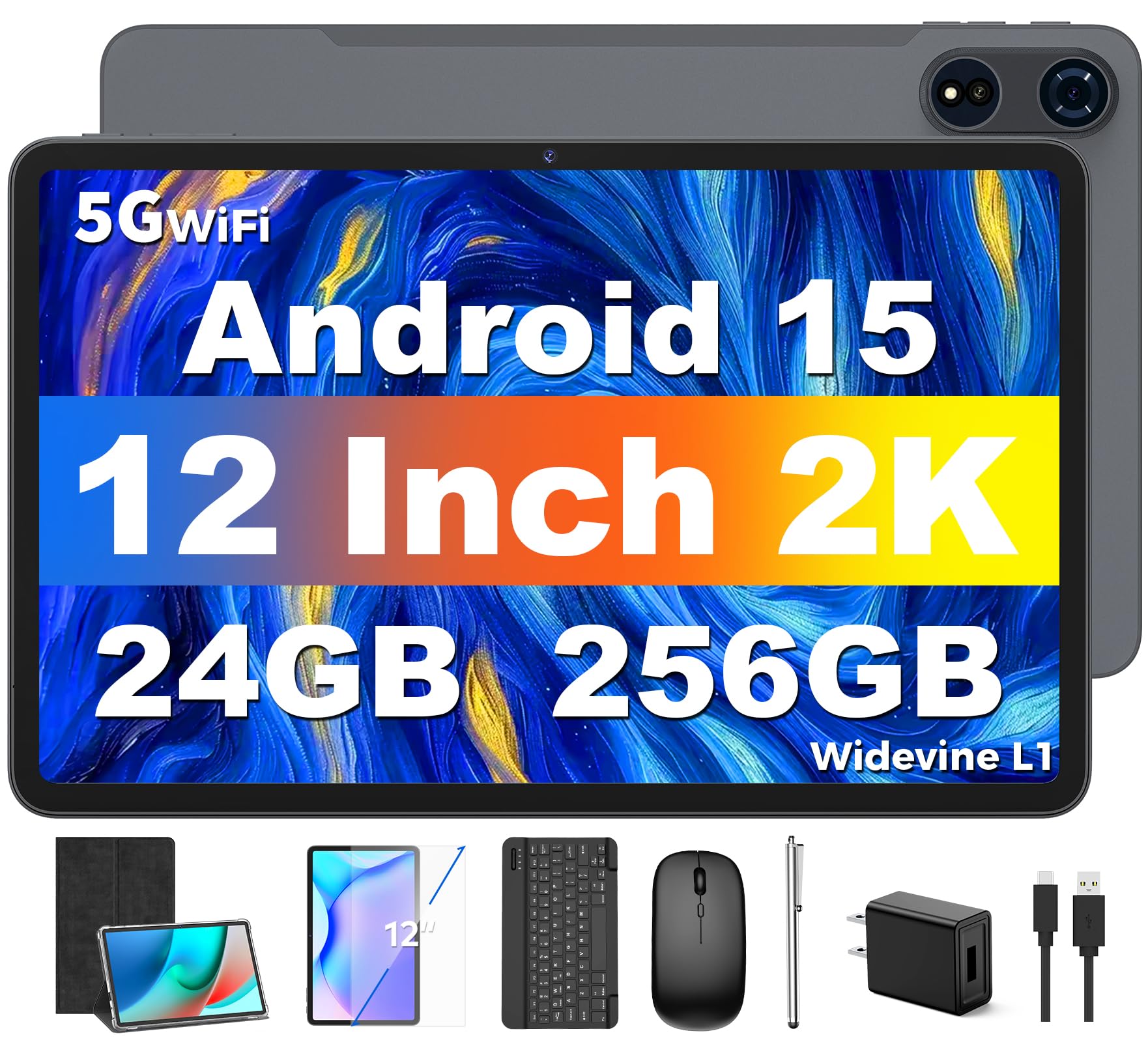 Android 15 Tablets 12 inch, 24GB（8+16）RAM+256 Storage(Expand to 1TB).