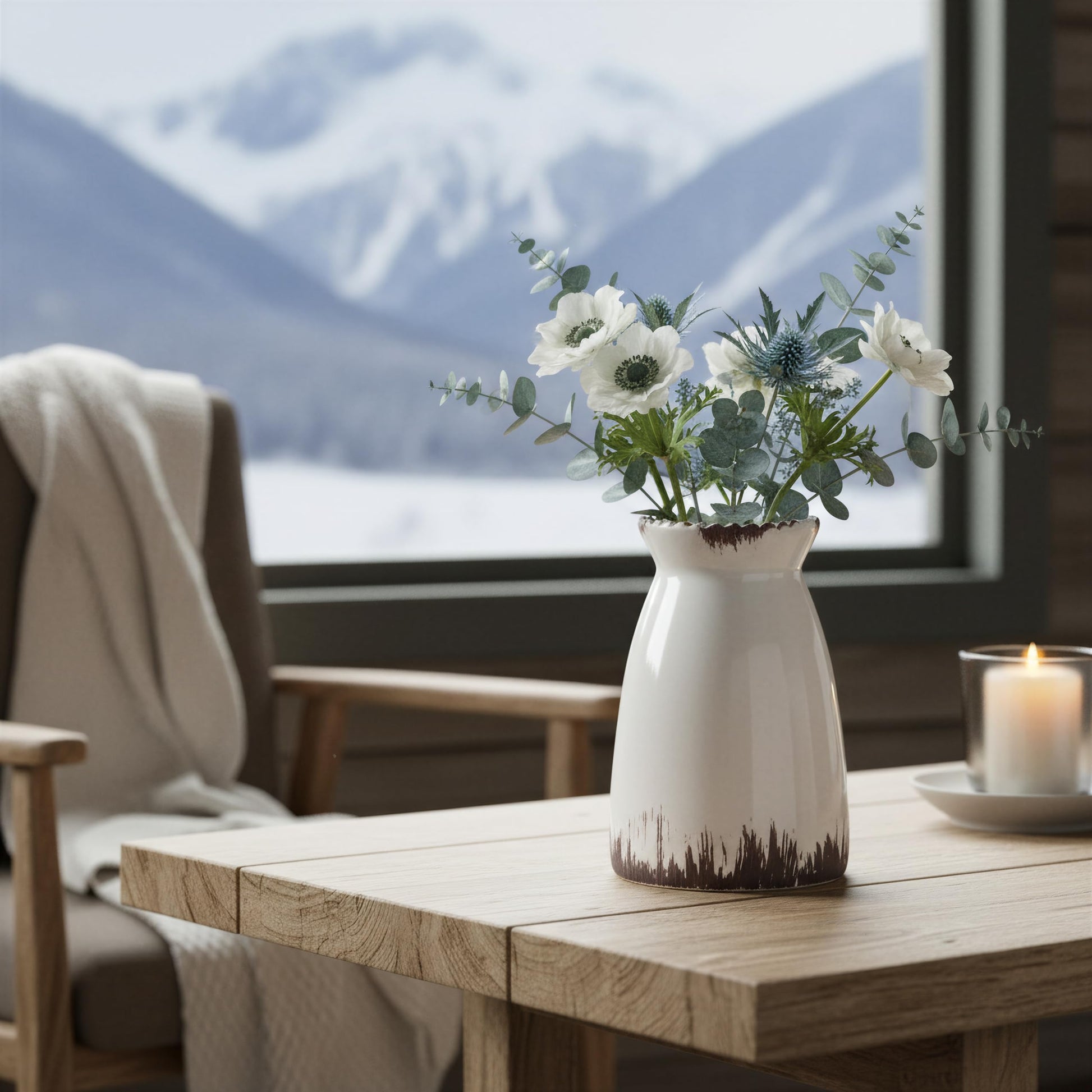 White vase with flowers on a wooden table in a room with a mountain view.