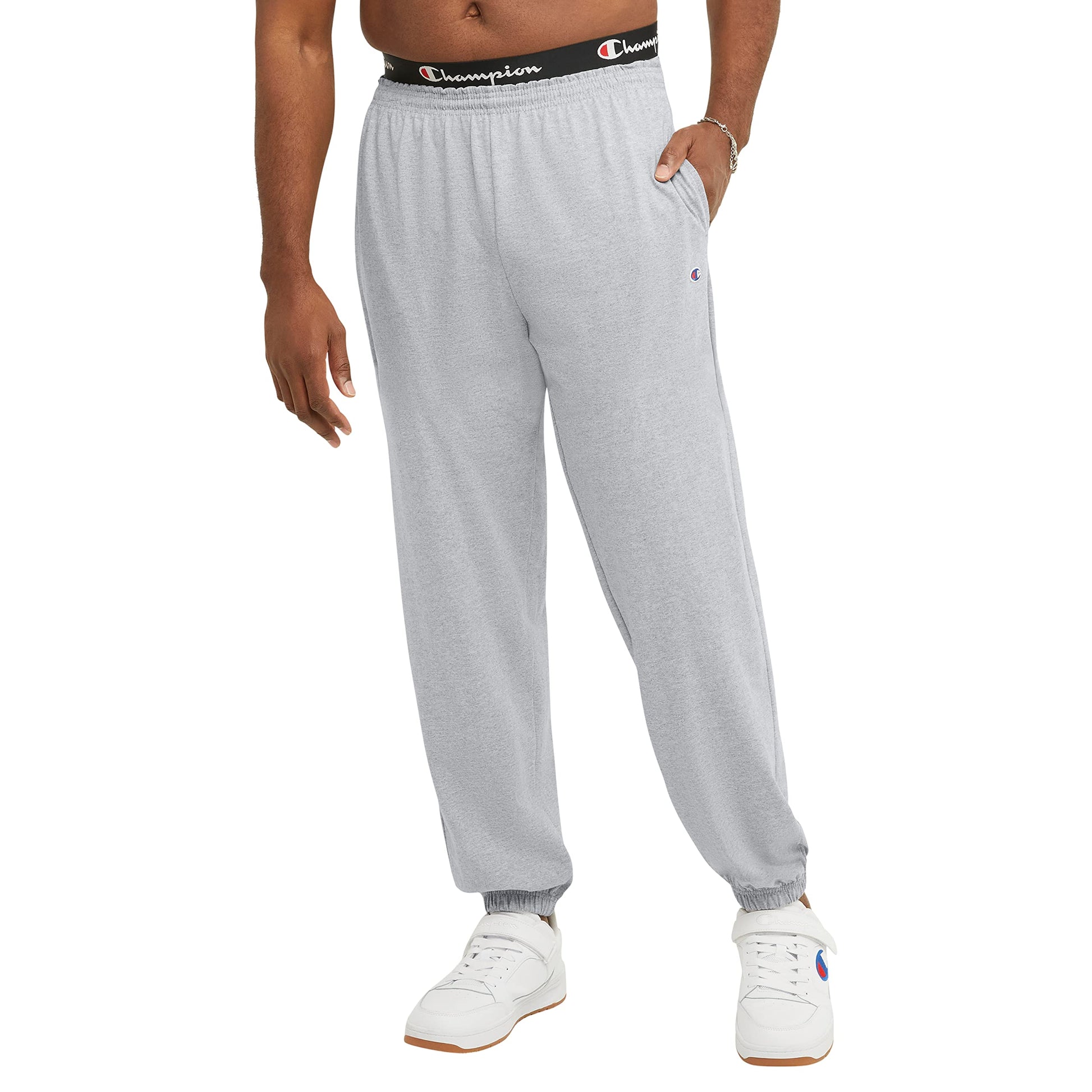 Champion Men's Everyday Fitted Ankle Cotton Pants, 31.5" Inseam, Cotton Knit Pants Left Hip "C" Logo, Cotton Warm-Up Pants