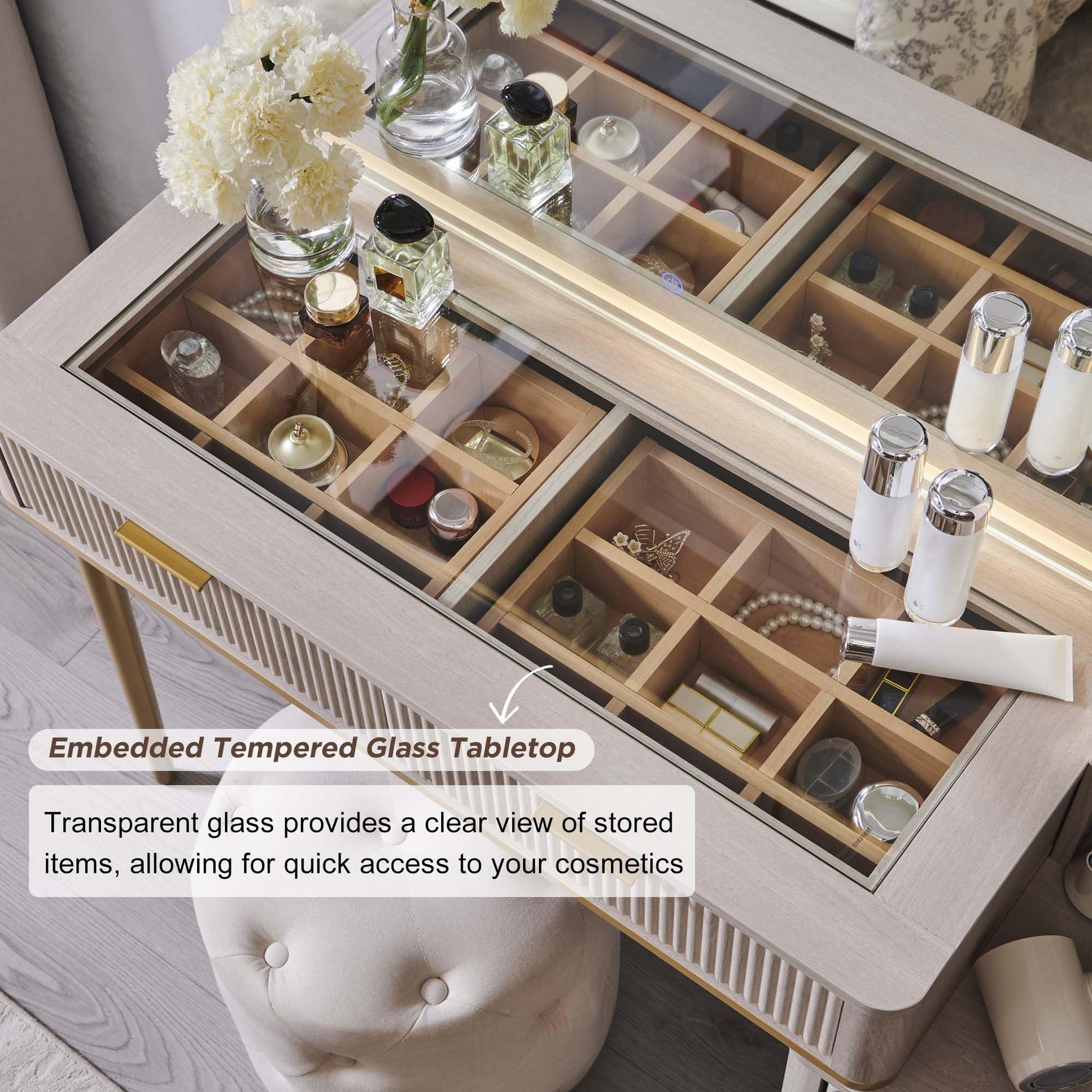 Cosmetic organizer with embedded tempered glass tabletop displaying various items.