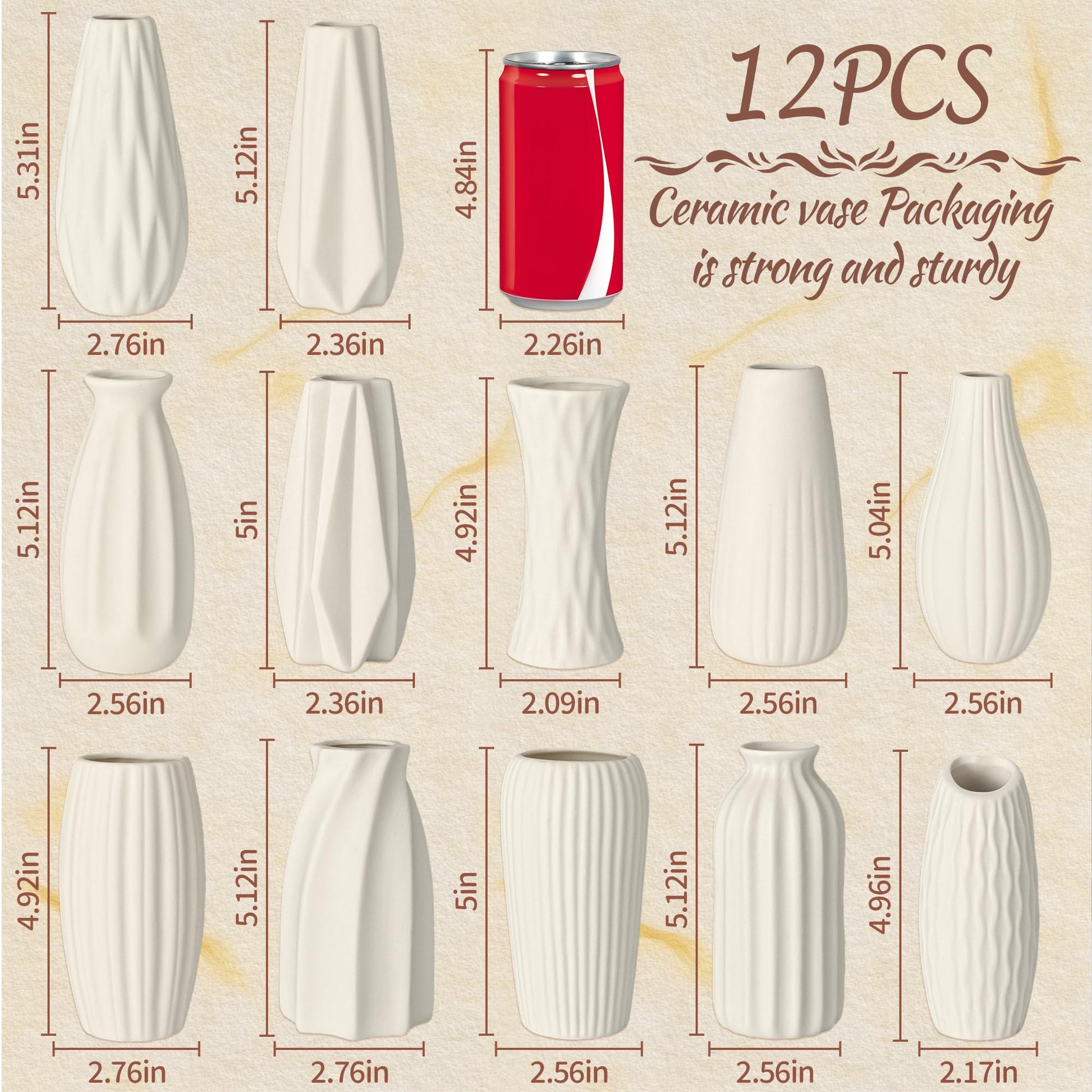 12 white ceramic vases with dimensions and a red can for scale on a beige background