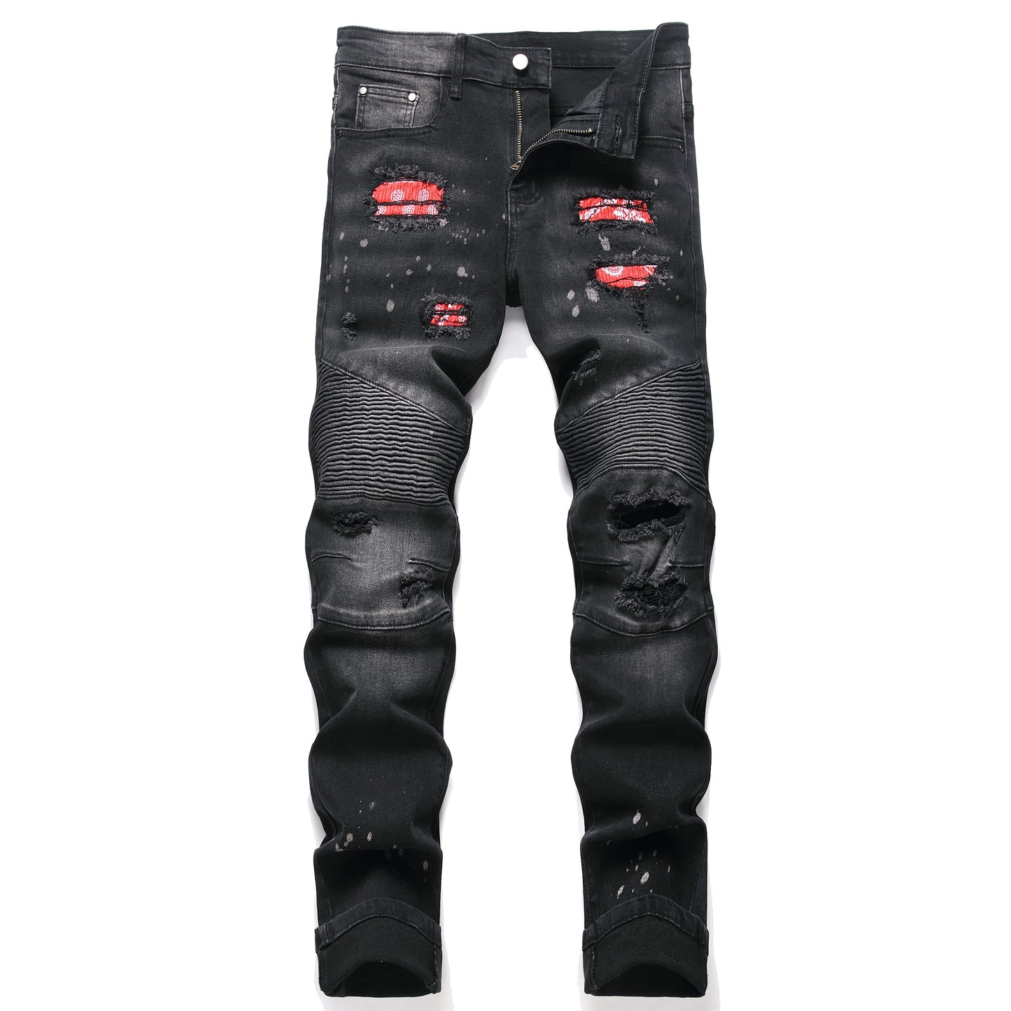 AITITIA Men's Biker Zipper Deco Washed Straight Fit Jeans (40, 002 Light Blue)