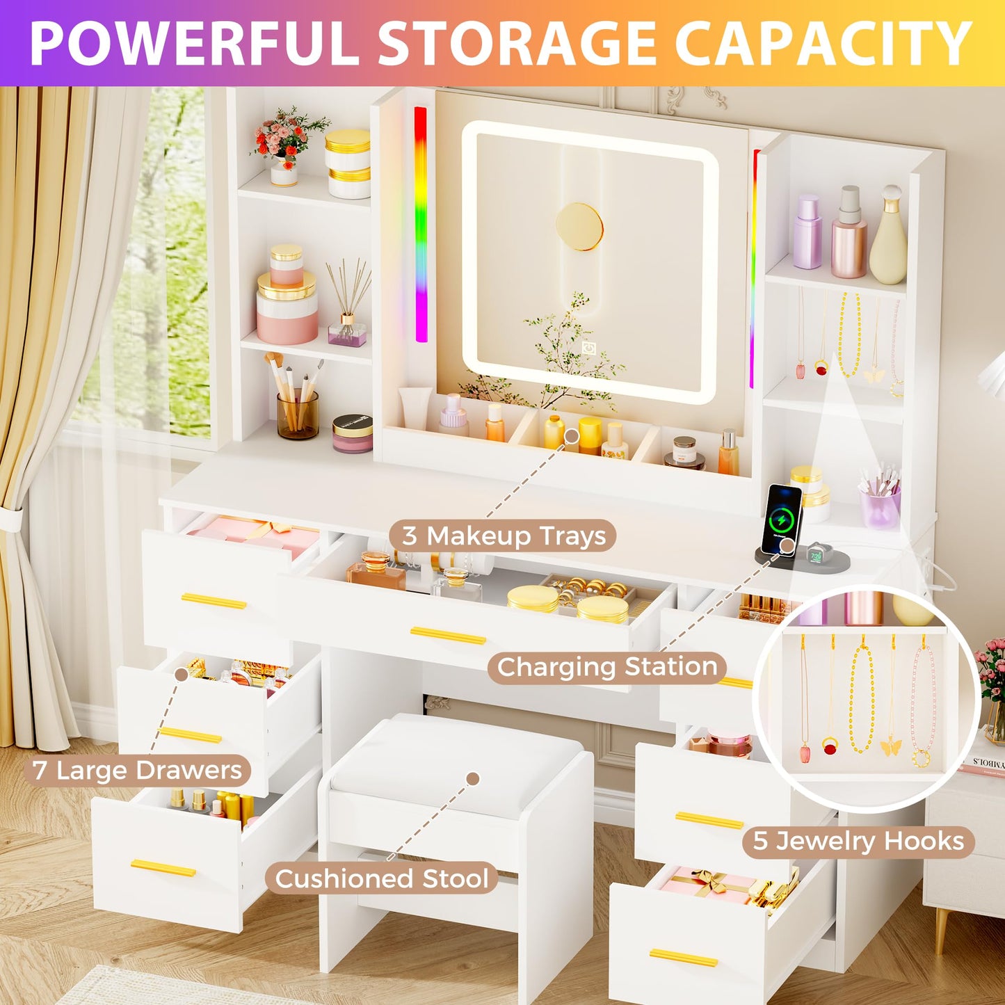 ANWBROAD Makeup Vanity Desk with Mirror and Lights 3 Colors Large Vanity Table with 7 Drawers & RGB Lights White Makeup Table with Charging Station 6 Storage Shelves Stool for Bedroom Women UBDT96W