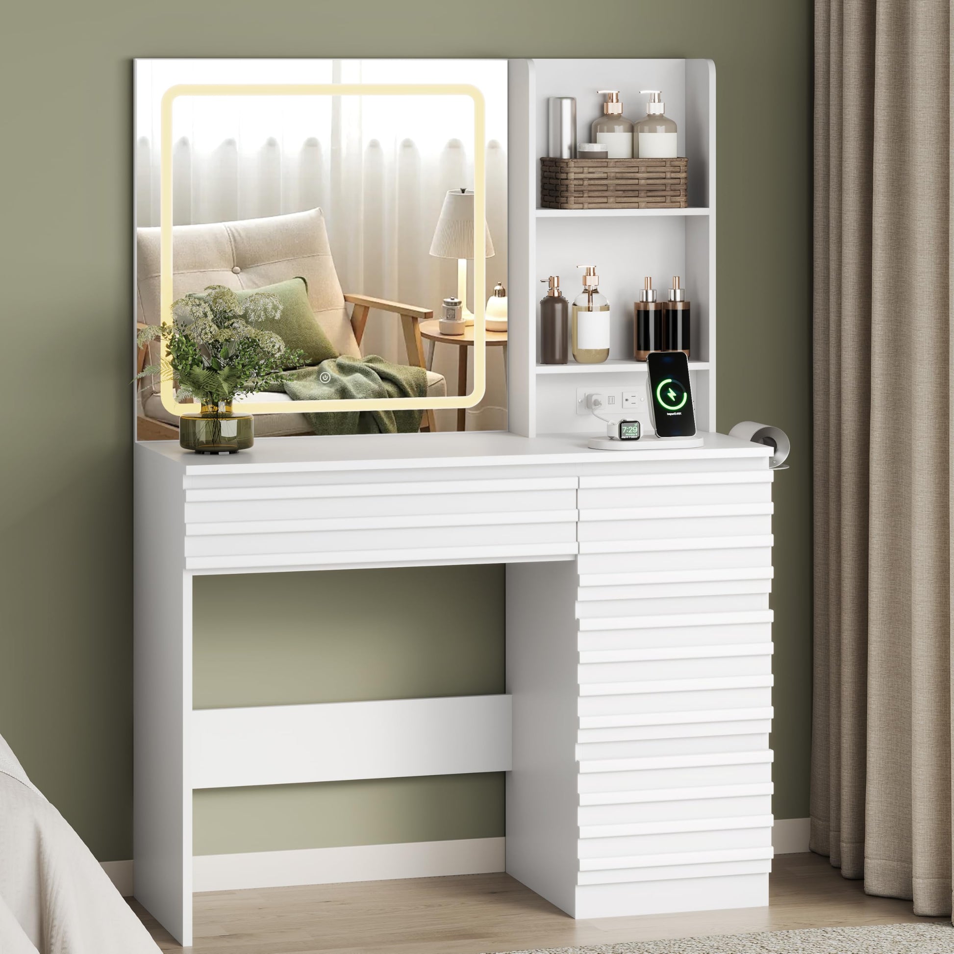 White vanity table with mirror and shelves against a green wall.