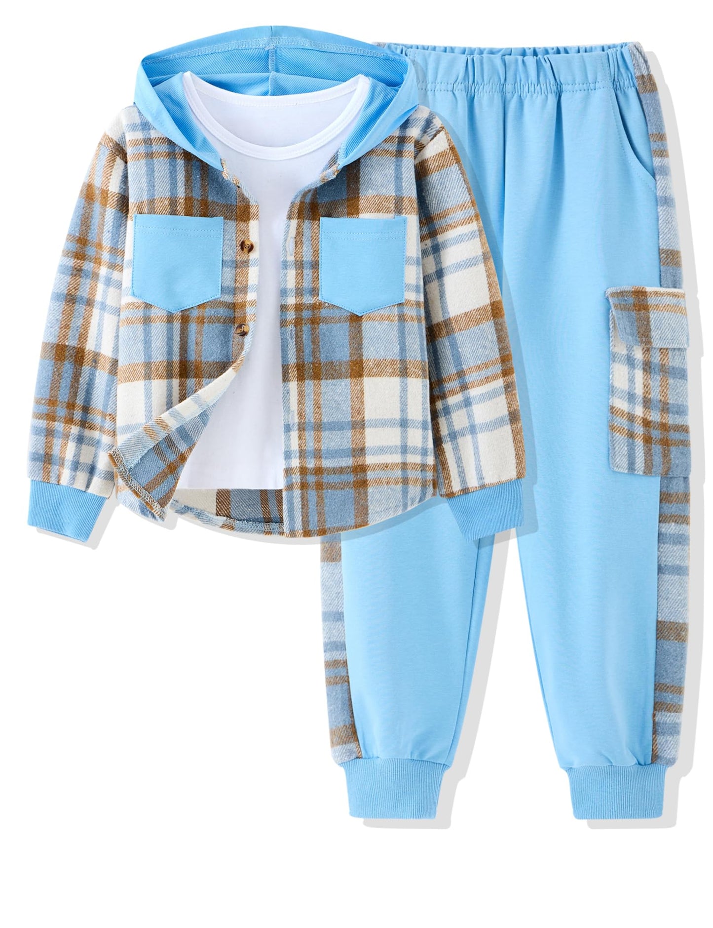 Auiopila Kids Toddler Boy Clothes Plaid Hooded Shirt White T-shirt Top and Solid Color Pants 3Pcs Winter Boys Outfits