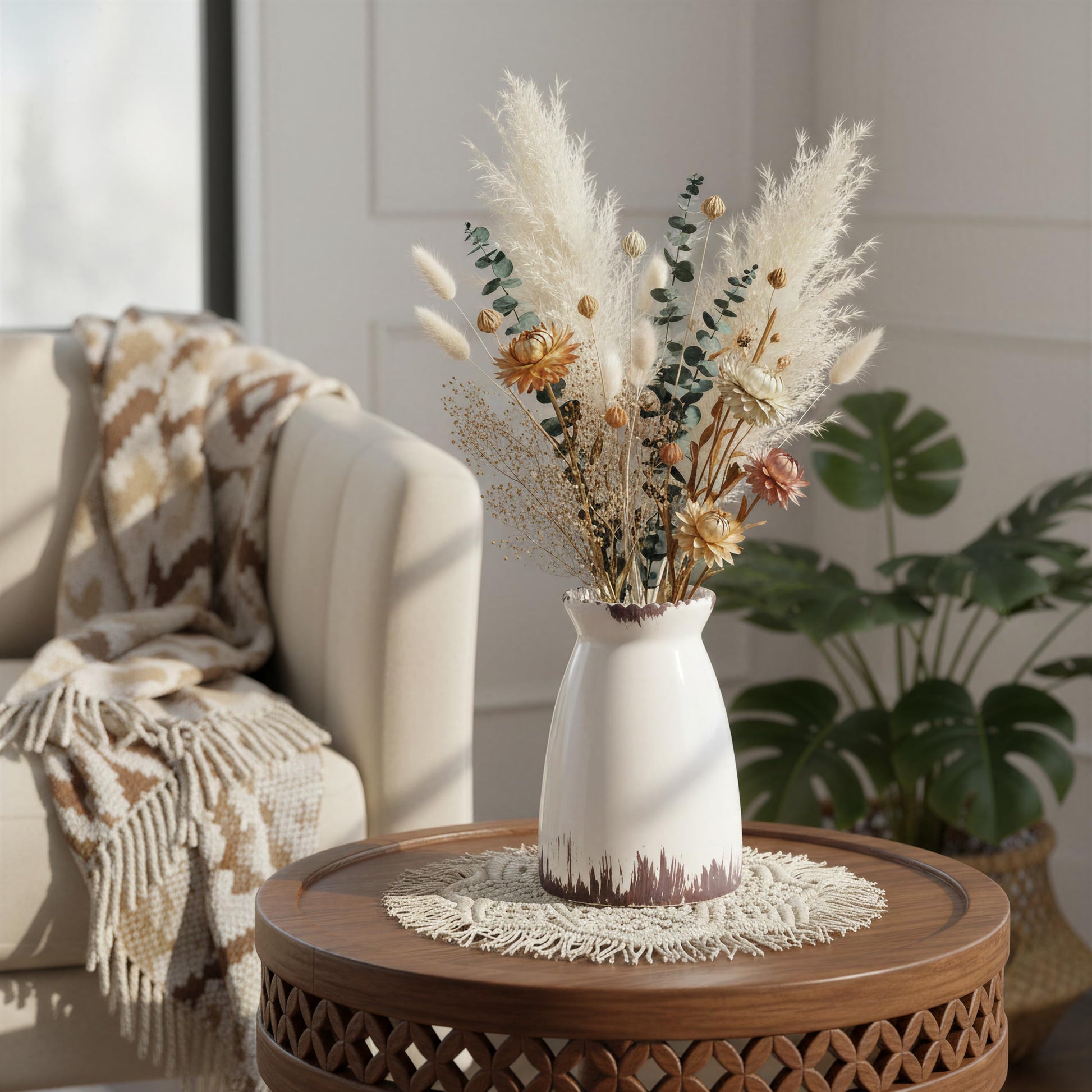 Decorative vase with dried flowers on a wooden table in a living room setting.