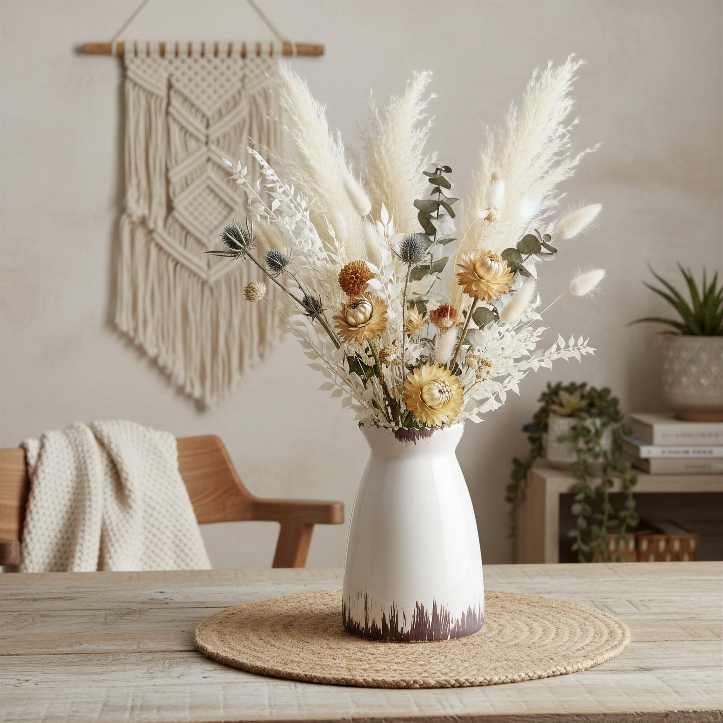 Decorative vase with dried flowers on a table in a home setting